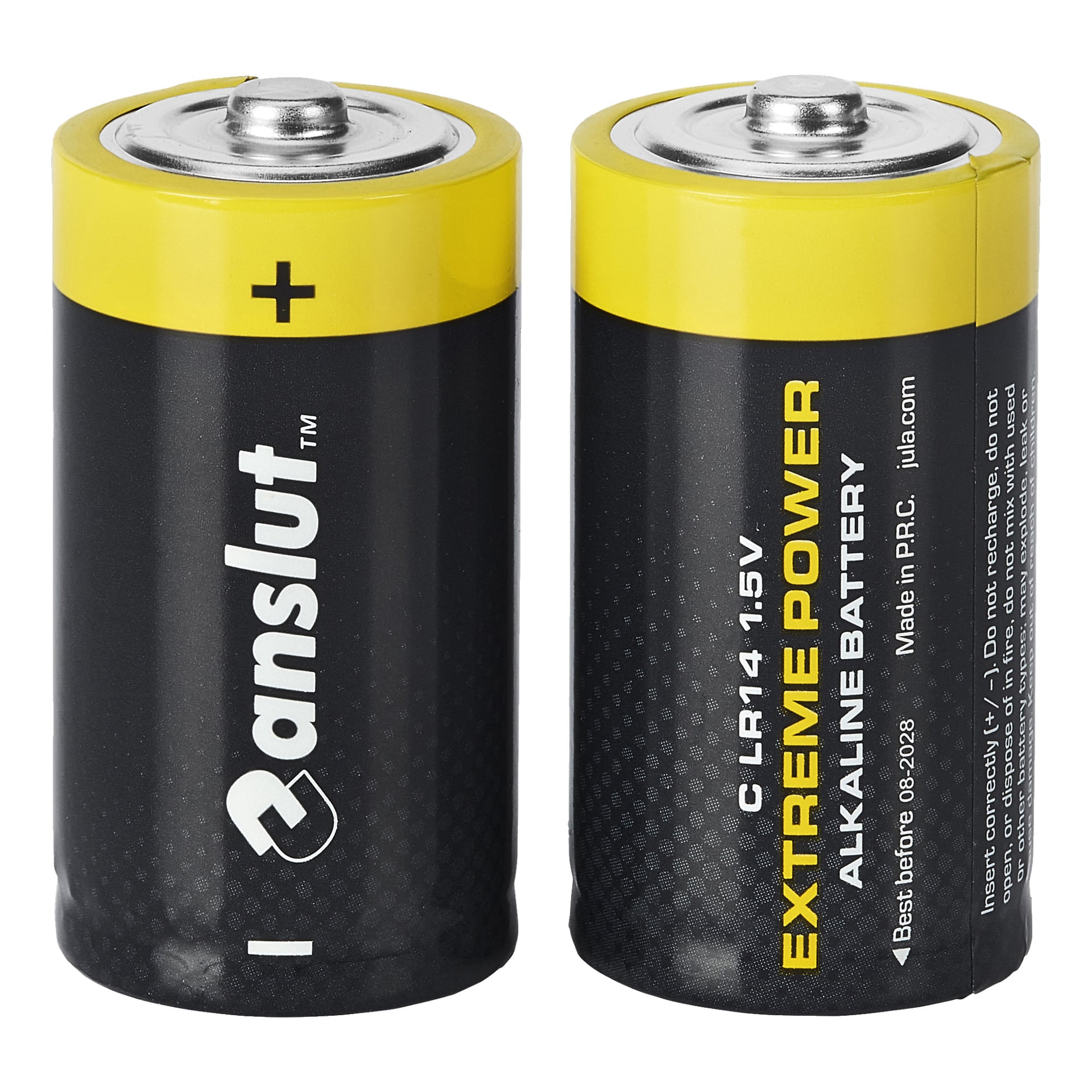Zwei schwarze und gelbe Anslut C-Batterien aus dem "Extreme Power 2 Pack" stehen aufrecht. Die Batterie links zeigt das Anslut-Logo mit sichtbarem Pluspol, während die rechts technische Spezifikationen und ein Ablaufdatum anzeigt.