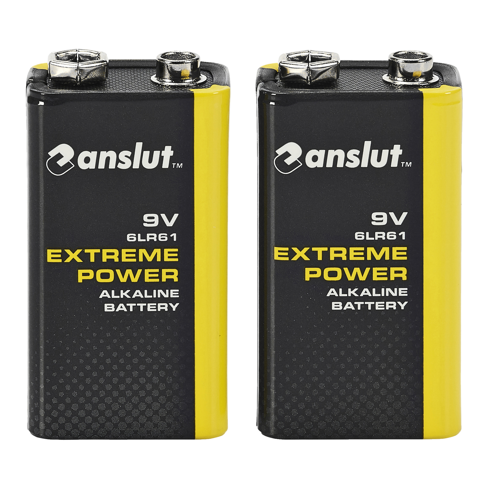Kaksi mustaa ja keltaista Anslut 9V -akkua Extreme Power 2 -paketista seisovat pystyasennossa vierekkäin.