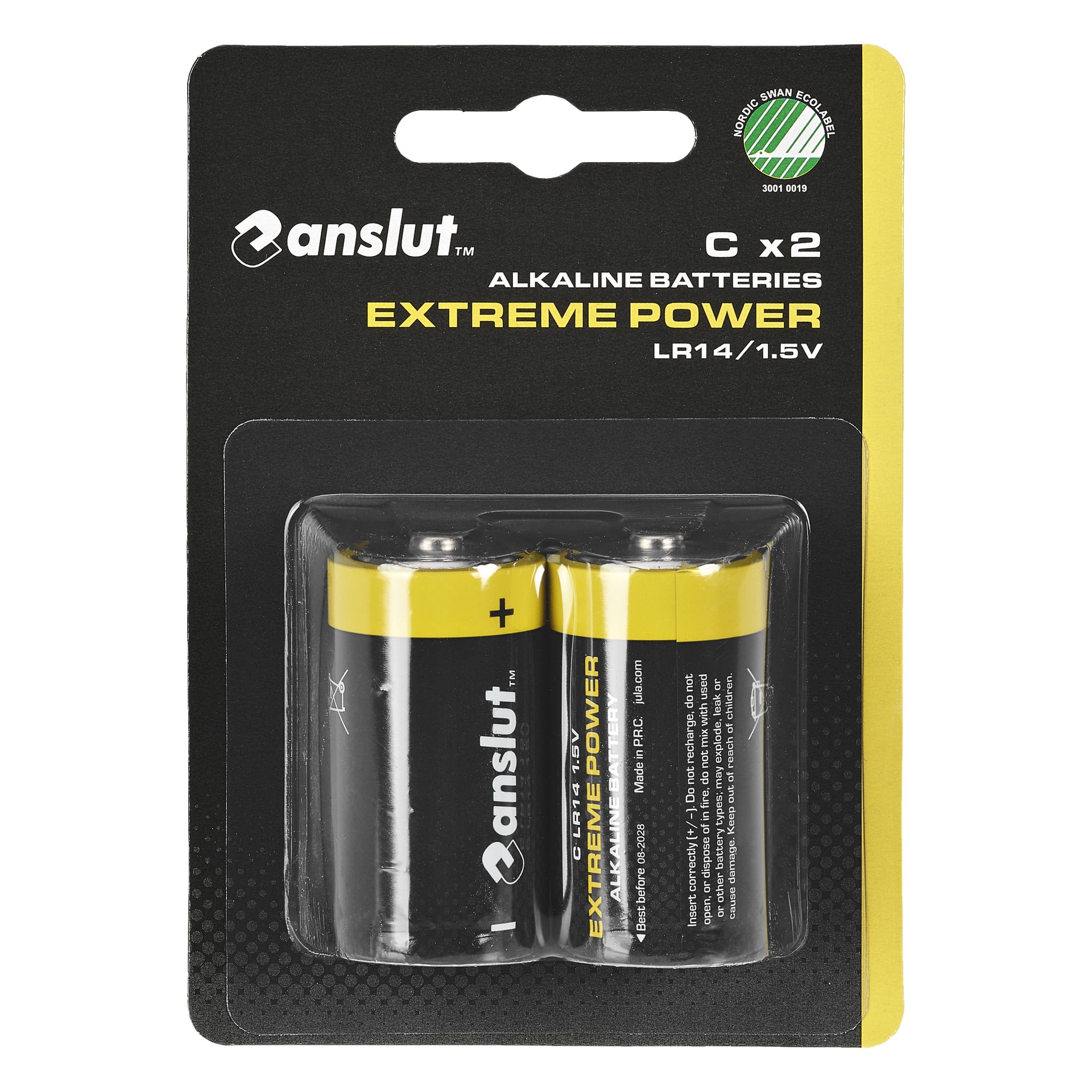 Ein 2er-Pack Anslut C-Akkus mit der Bezeichnung "Extreme Power" ist in einem durchsichtigen Kunststoffgehäuse mit schwarzem Karton und schwarz-gelbem Farbschema zu sehen. Das Nordic Swan Ecolabel ist in einer Ecke sichtbar.