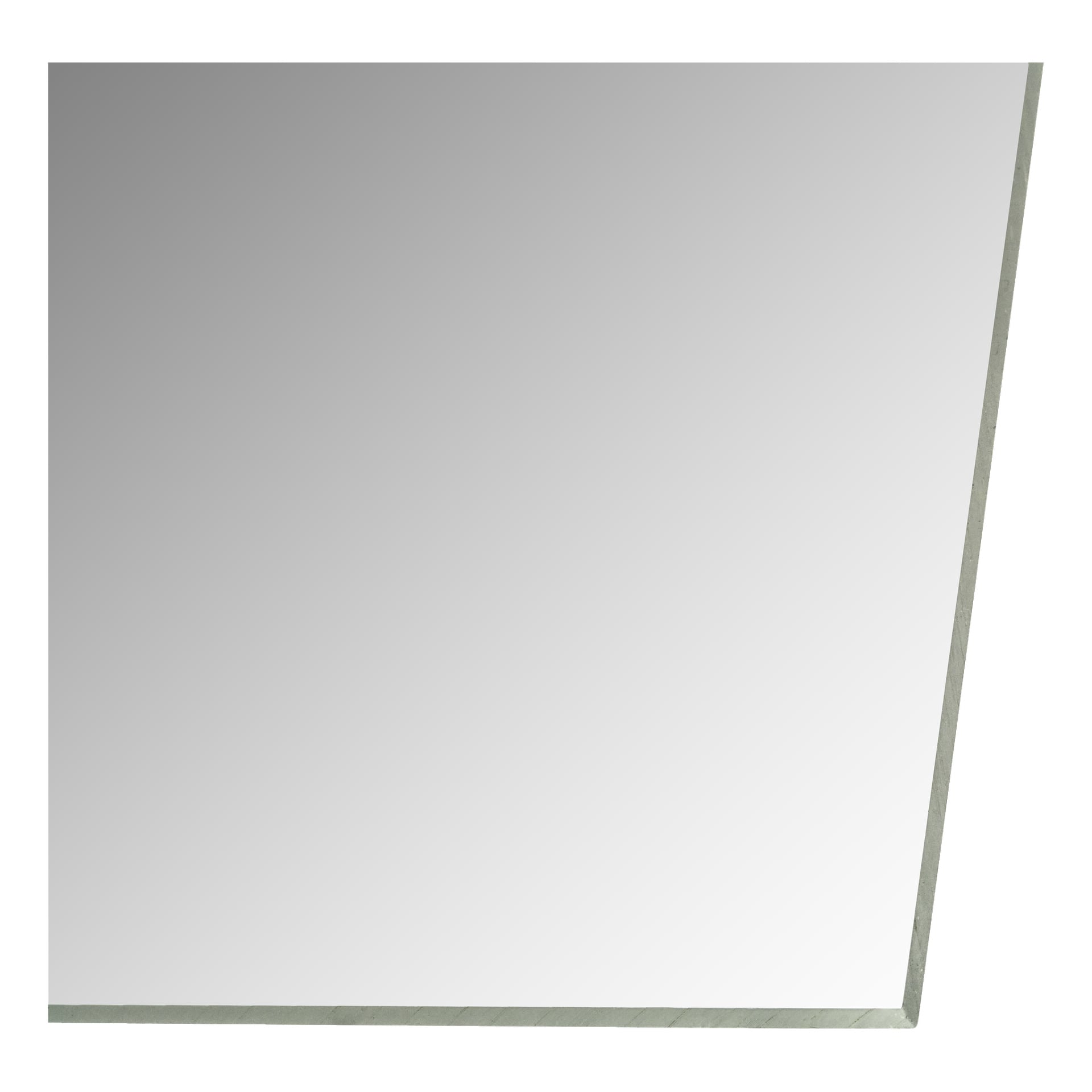 Nahaufnahme der unteren rechten Ecke eines rechteckigen Hard Head Acrylspiegels, der einen transparenten, glasartigen Rand und eine glatte, reflektierende Oberfläche ohne sichtbaren Rahmen aufweist.