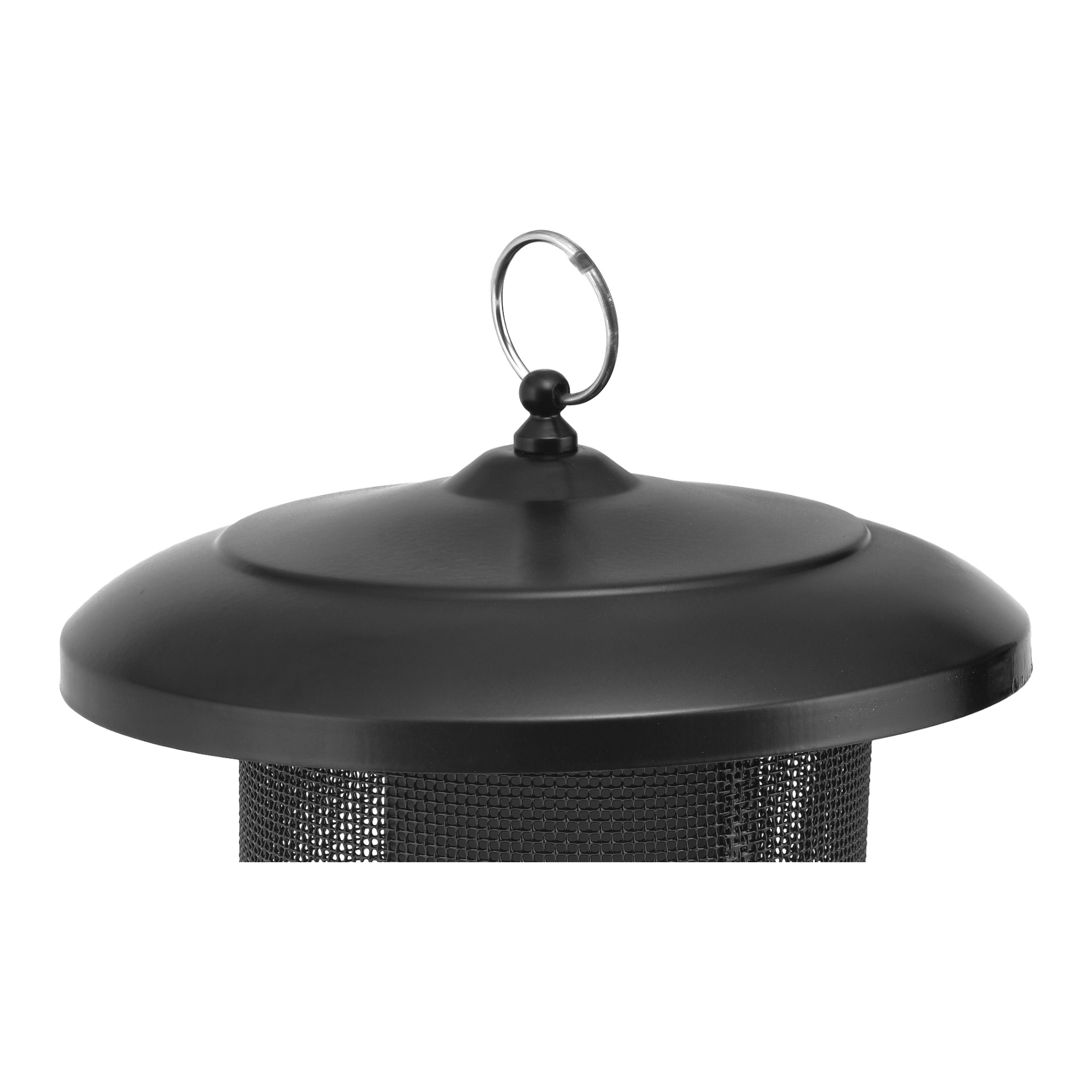 Nahaufnahme des oberen Teils des Hard Head Bird Feeder, der seine schwarze Metallkonstruktion, den flachen, runden Deckel und einen runden Metallring zum Aufhängen zeigt.
