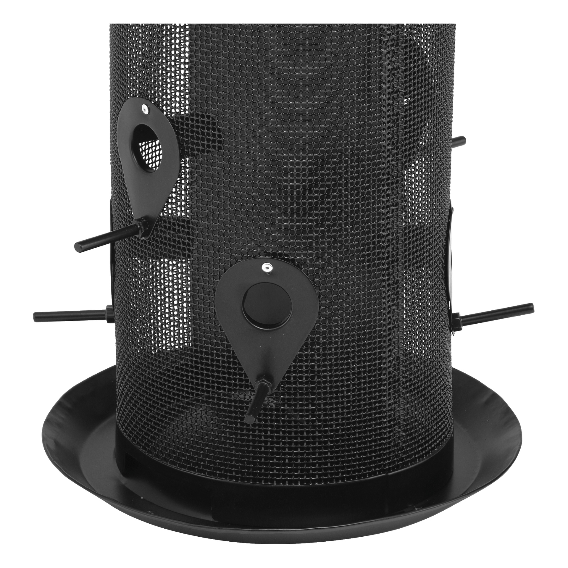 Detaillierte Ansicht des Hard Head Vogelfutterstellers, der seine schlanke schwarze Metallstruktur mit Netzplatten, runden Futteröffnungen mit Sitzstangen und einem breiten Tablett am Fuß zum Sammeln gefallener Samen zeigt.