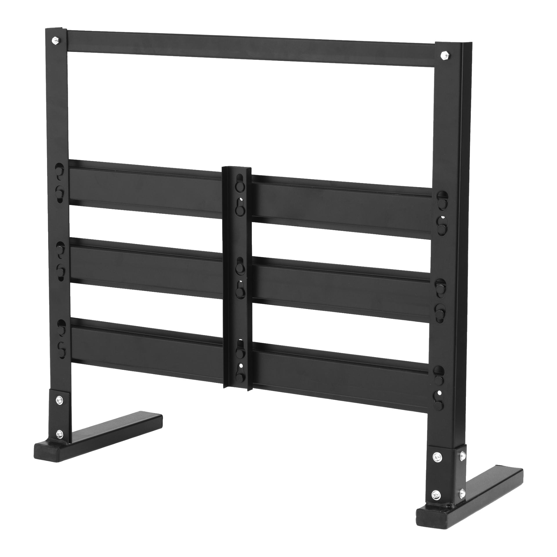 "Hard Head Bench stand for asortment boxes" to, prostokątna metalowa rama z trzema poziomymi prętami, dwoma pionowymi podporami i szerokimi płaskimi stopami. Stoi samodzielnie i ma wiele otworów umożliwiających regulowanie wysokości.