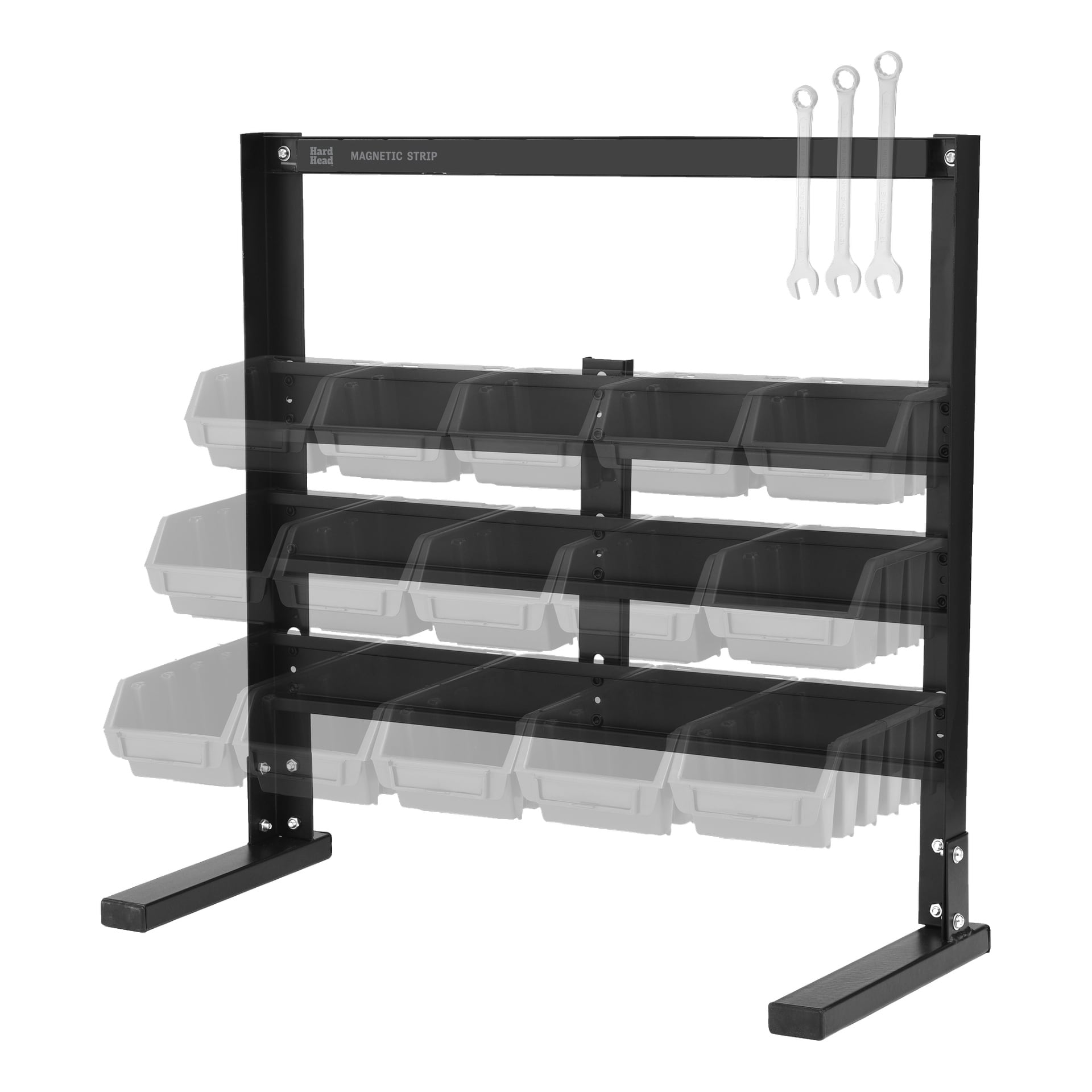 Hard Head Bench stand na pudełka z różnorodnym zestawem": metalowy stojak z magnetycznym paskiem na górze, który mieści trzy klucze kluczowe, z trzema poziomymi rzędami przezroczystych szarych pojemników podpartych dwoma nogami.