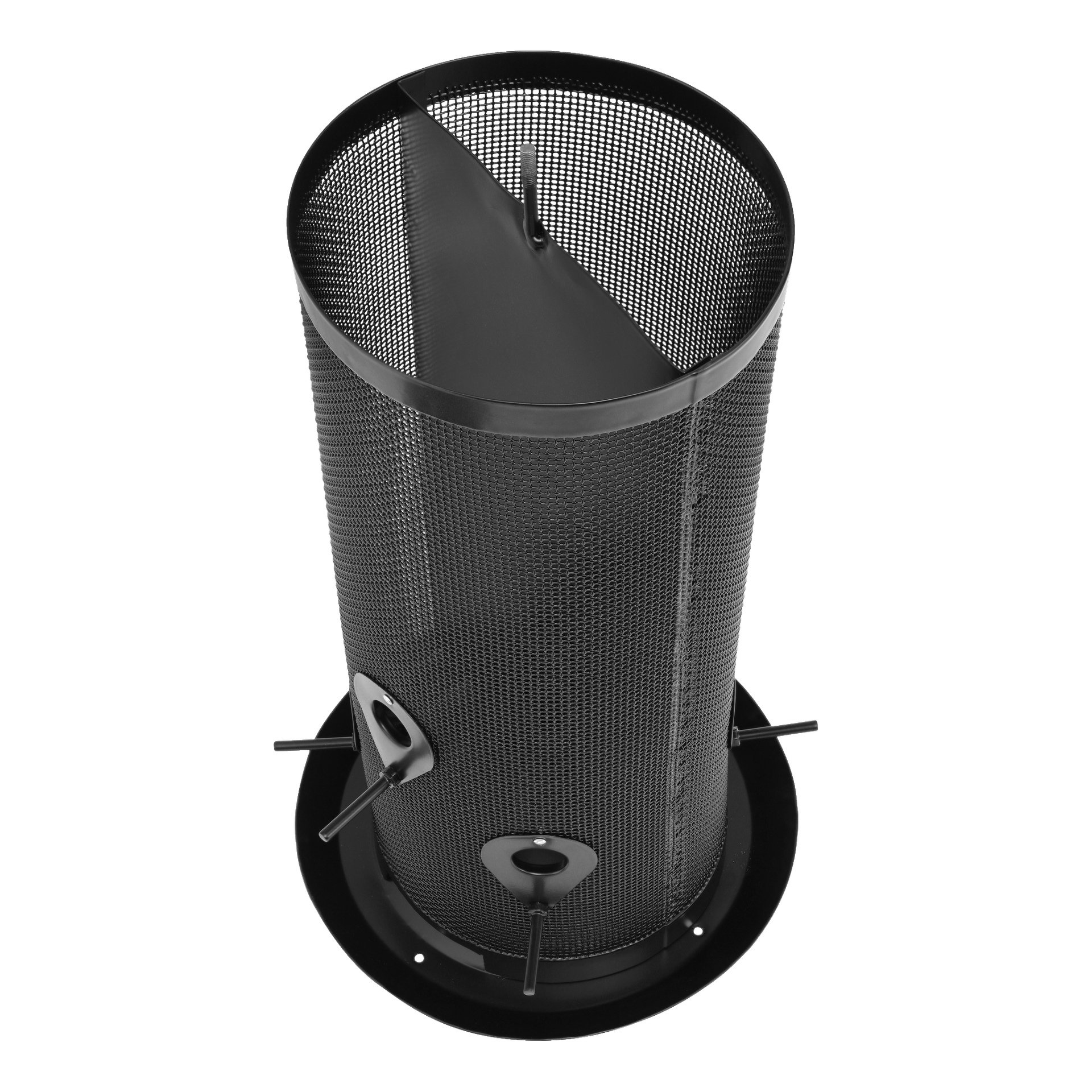 Der Hard Head Bird Feeder ist ein schwarzer Metallzylinder mit Netzseiten, zwei mit Barschen ausgestatteten Futteröffnungen, einer Innentrennwand und einer runden Basis zur Montage.