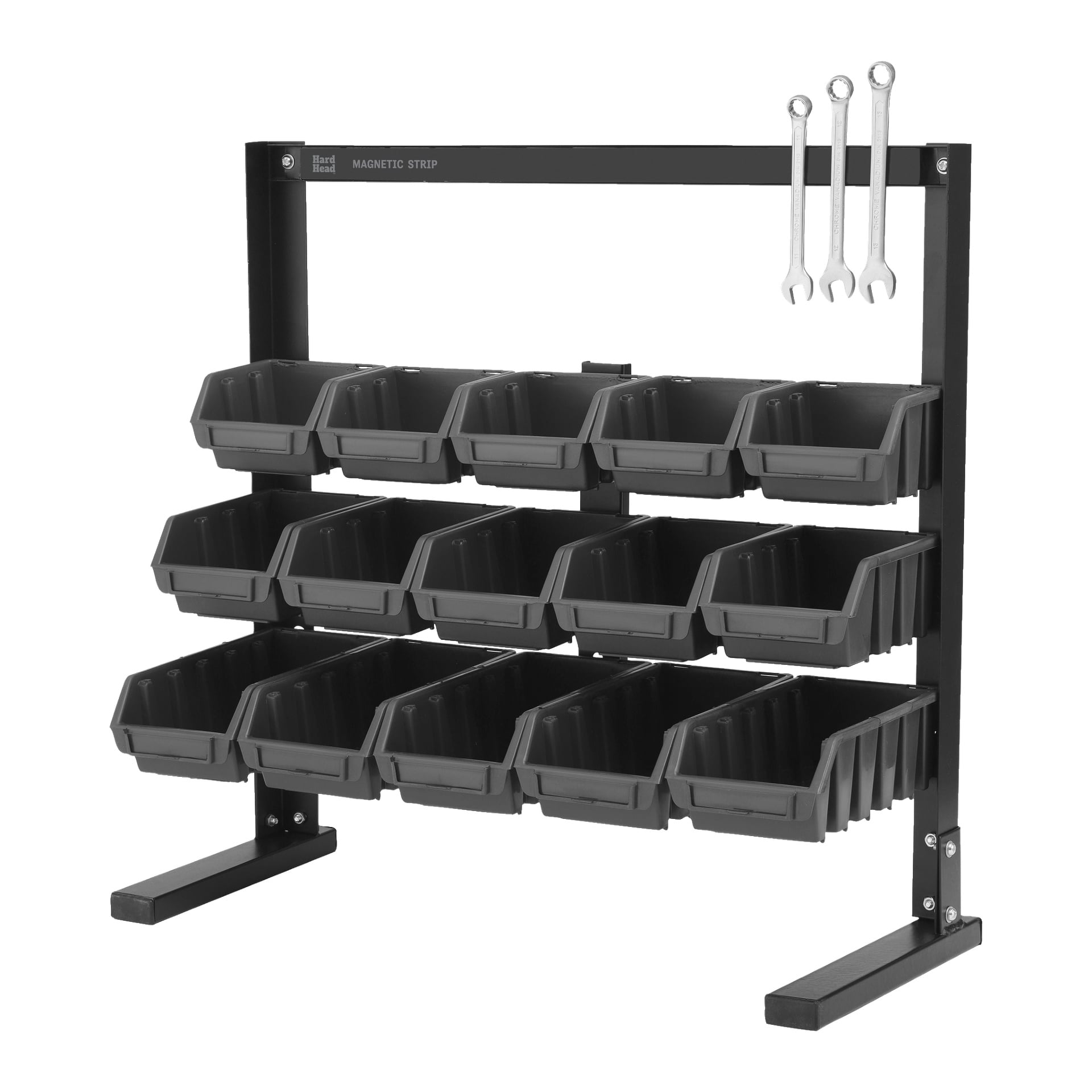 Stojak Hard Head Bench na pudełka z asortymentem ma dwanaście czarnych plastikowych pojemników ułożonych w trzech rzędach, z magnetycznym paskiem górnym do przechowywania narzędzi takich jak klucze oraz podstawkami na dwóch nogach. Wszystkie pojemniki są puste.