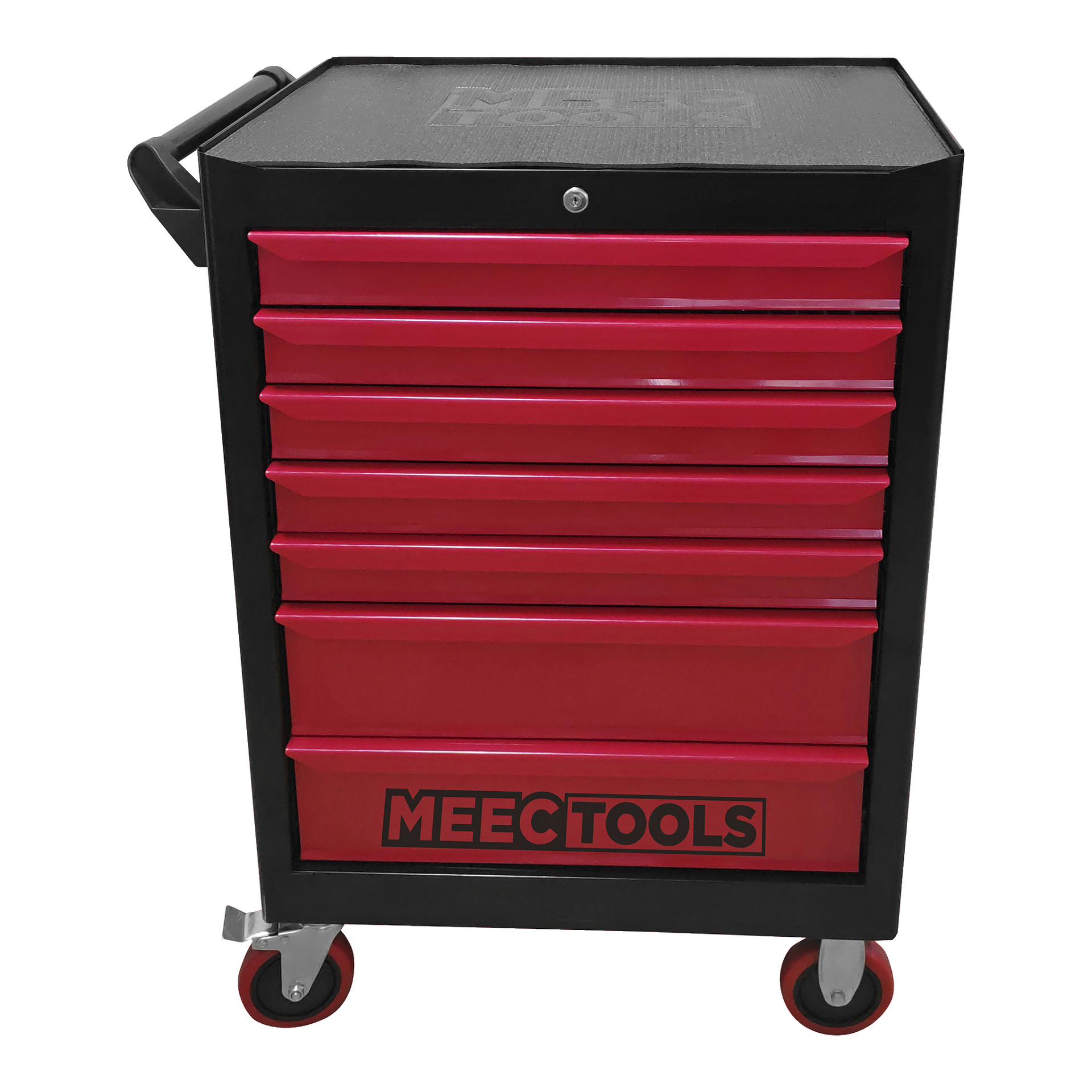 En svart og rød verktøykiste med syv skuffer, fire hjul og et sidehåndtak. "MEEC TOOLS" er trykt på den nederste skuffen.
