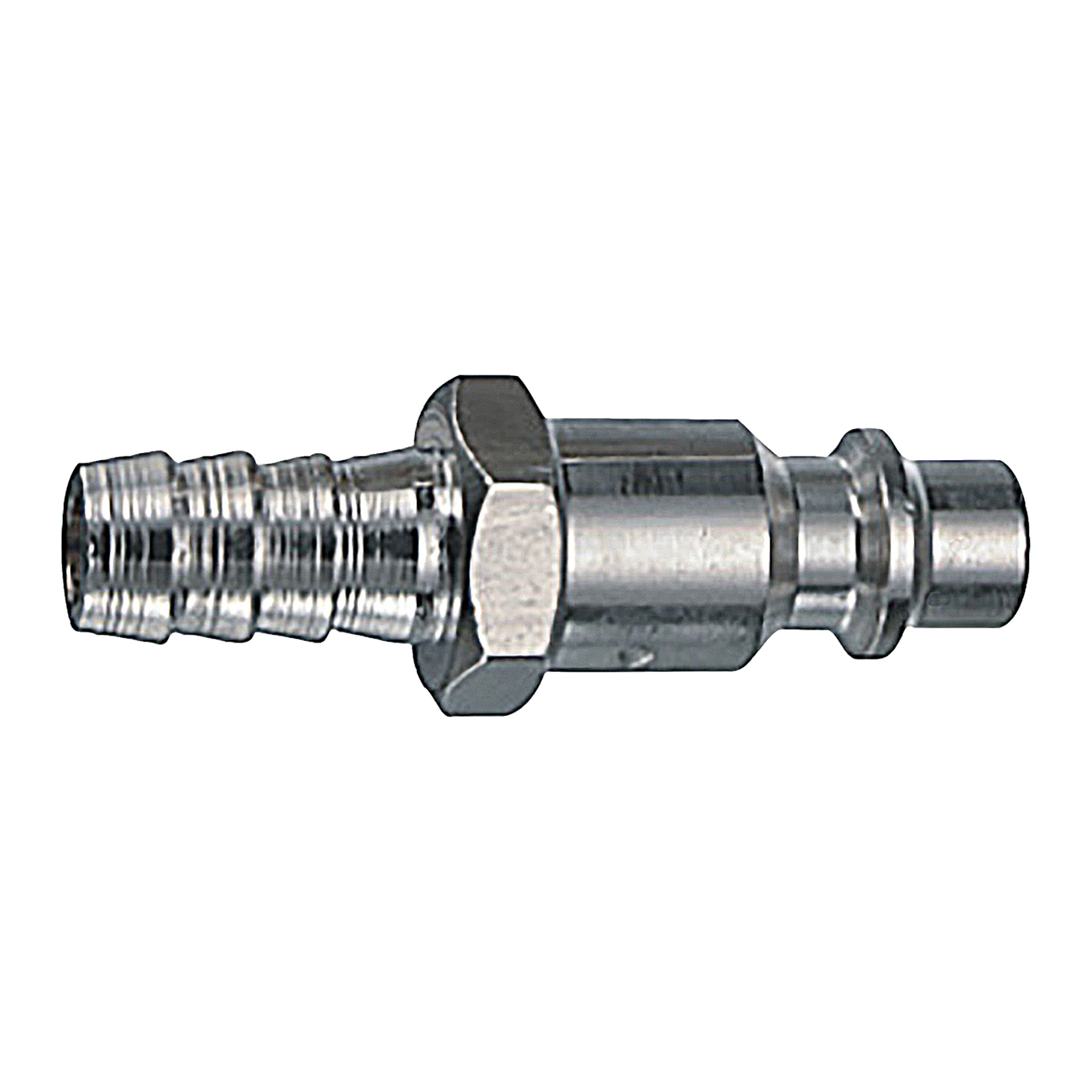 Ein Metall-Schlauchnippel von Meec Tools, entworfen mit einer zentralen sechseckigen Mutter, wobei ein Ende Rillen zum Befestigen eines Schlauchs hat und das andere Ende glatt ist, um einen weiteren Anschluss anzubringen.