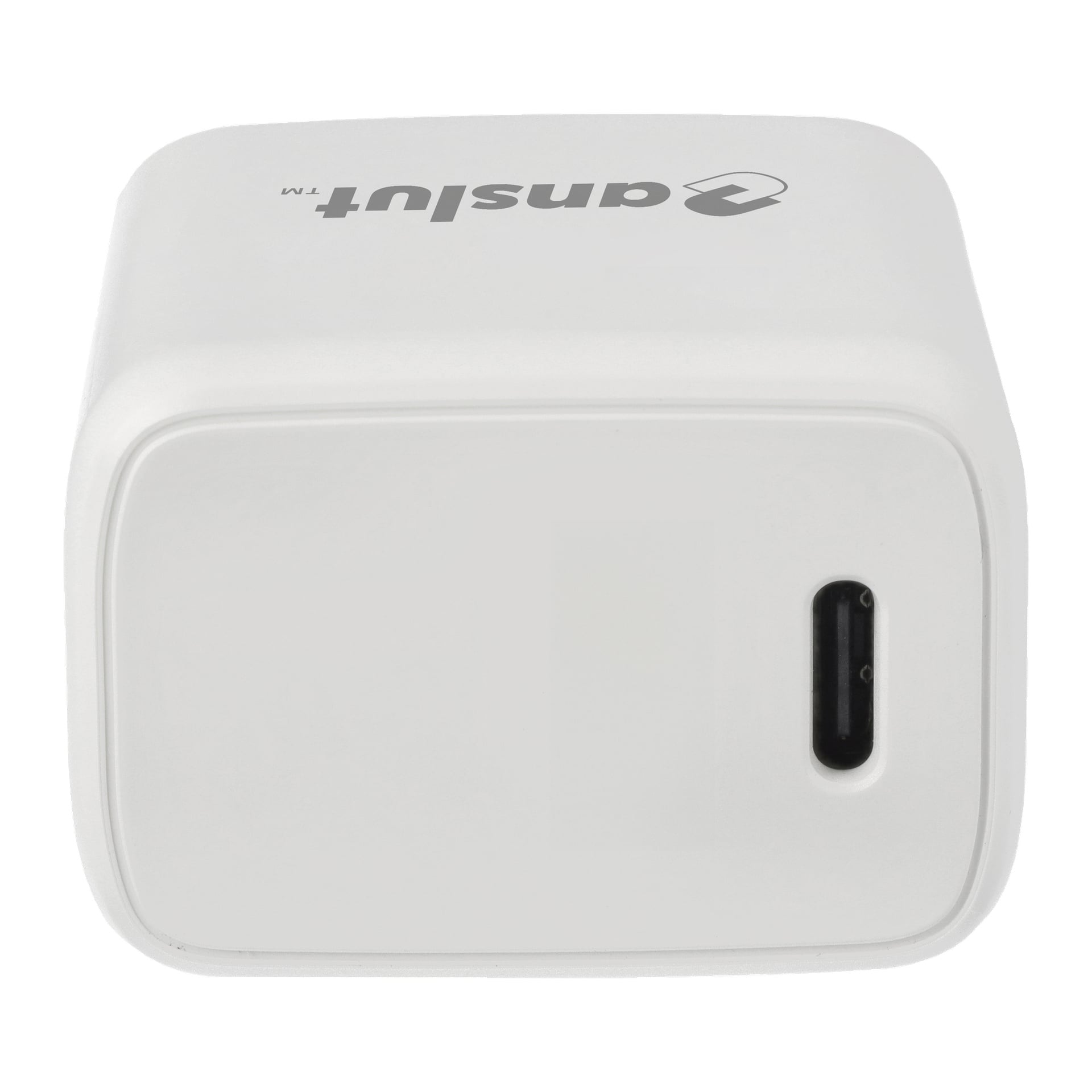 Nahaufnahme eines weißen Anslut Charger mit einem einzelnen USB-C-Anschluss vorne und dem Markennamen oben drauf.