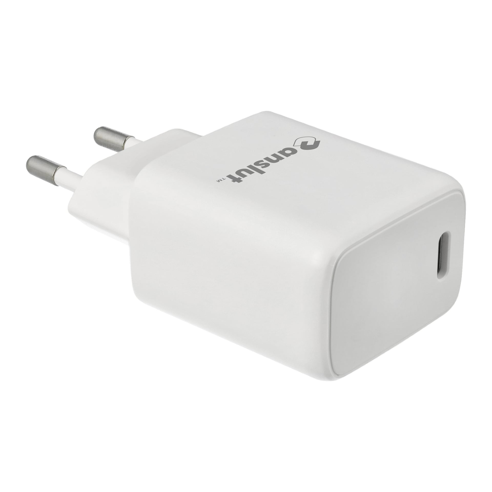 Ein weißes USB-Wandladegerät mit zwei europäischen Anschlüssen und einem einzelnen USB-C-Anschluss, wobei das Anslut-Logo auf der Seite sichtbar ist.