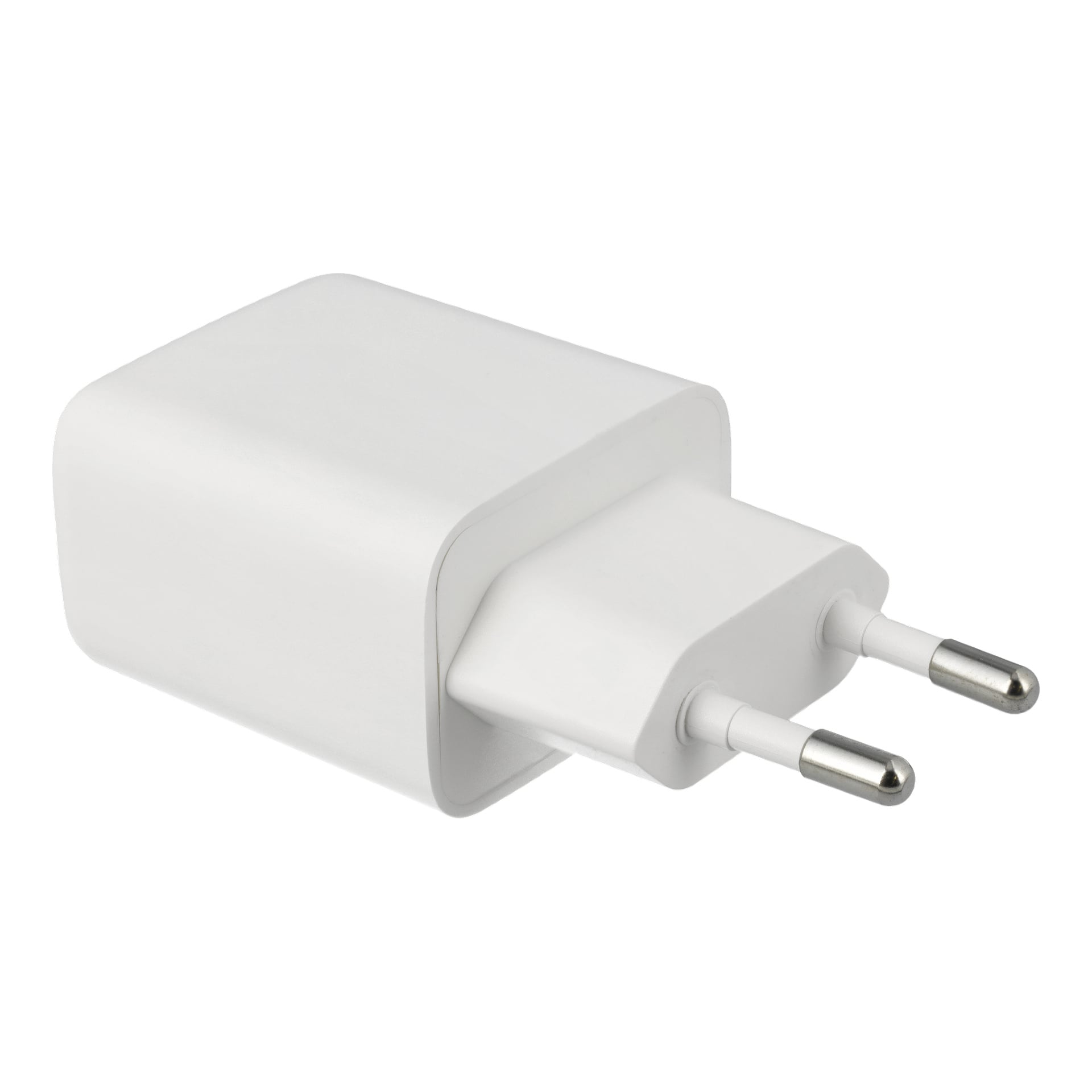 Anslut Charger, ein weißes europäisches USB-Wandladegerät mit zwei Polen, positioniert so, dass sowohl die Stifte als auch das Gehäuse sichtbar sind.