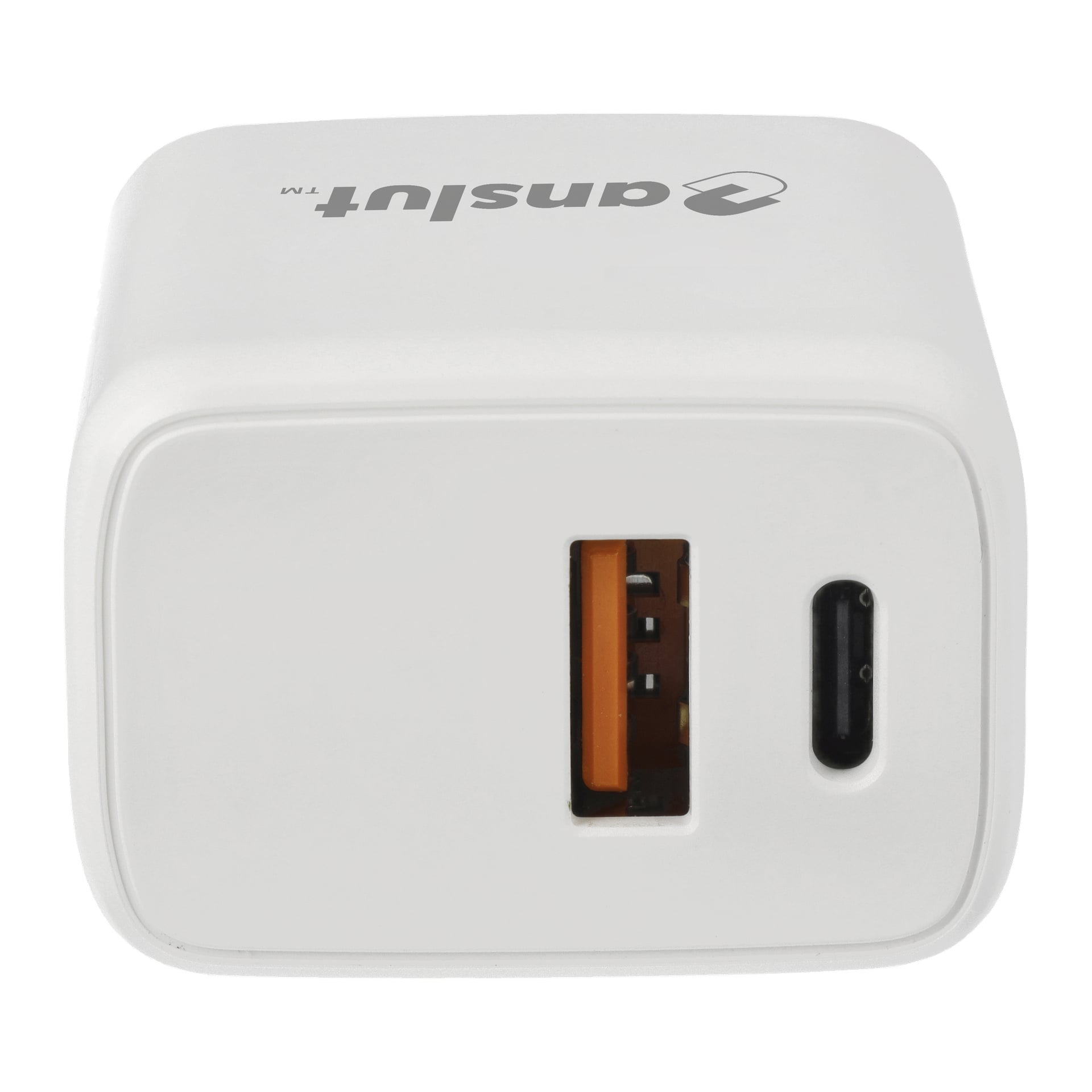 Nahaufnahme eines weißen Ladegeräts mit einem orangefarbenen USB-A-Anschluss und einem USB-C-Anschluss. Die Marke Anslut erscheint auf der Oberseite.