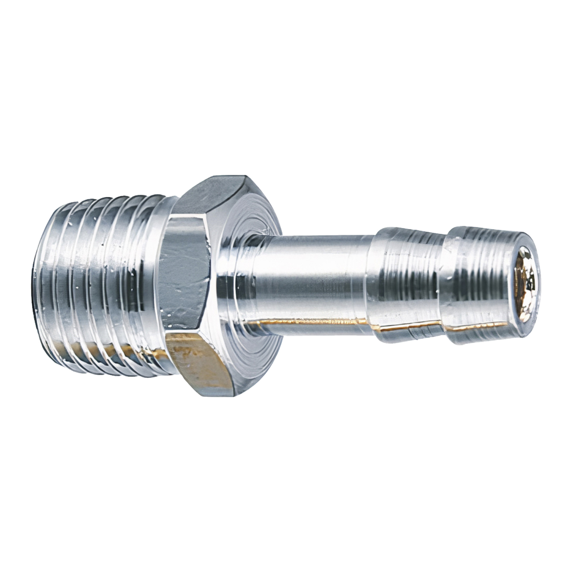 Szczegółowe zbliżenie na sutkę węża Meec Tools, ukazującą błyszczącą, refleksyjną srebrną metalową powierzchnię. Lewy koniec ma gwint i nakrętkę w kształcie sześciokąta, natomiast prawy zwęża się w gładką, żebrowaną dyszę.