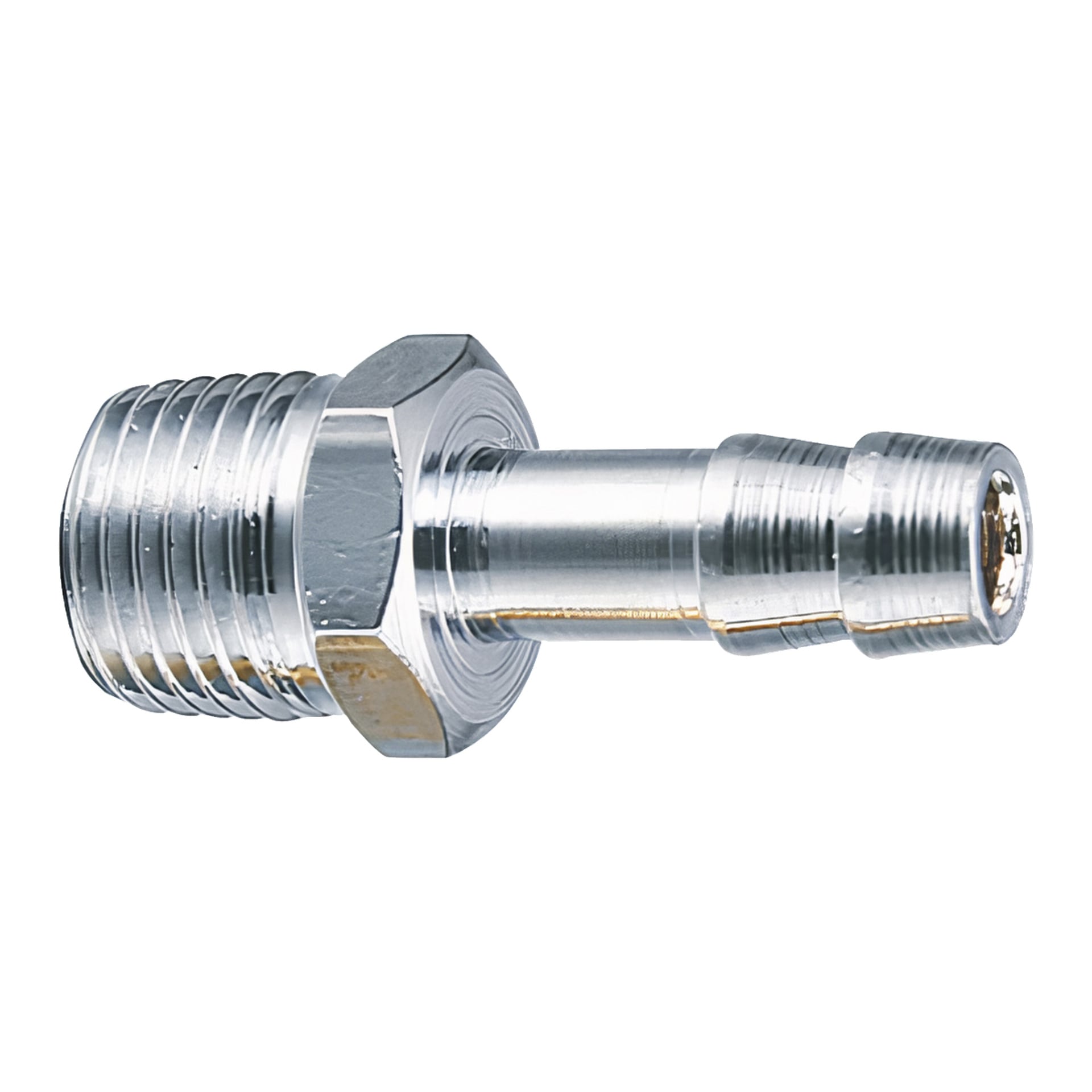 Eine detaillierte Aufnahme eines Meec Tools "Nipple for Hose"-Fittings, der ein gewindetes männliches Ende auf der linken Seite und einen glatten, gerippten Widerhaken auf der rechten Seite zeigt, der zum Befestigen von Schläuchen oder Rohren gedacht ist.