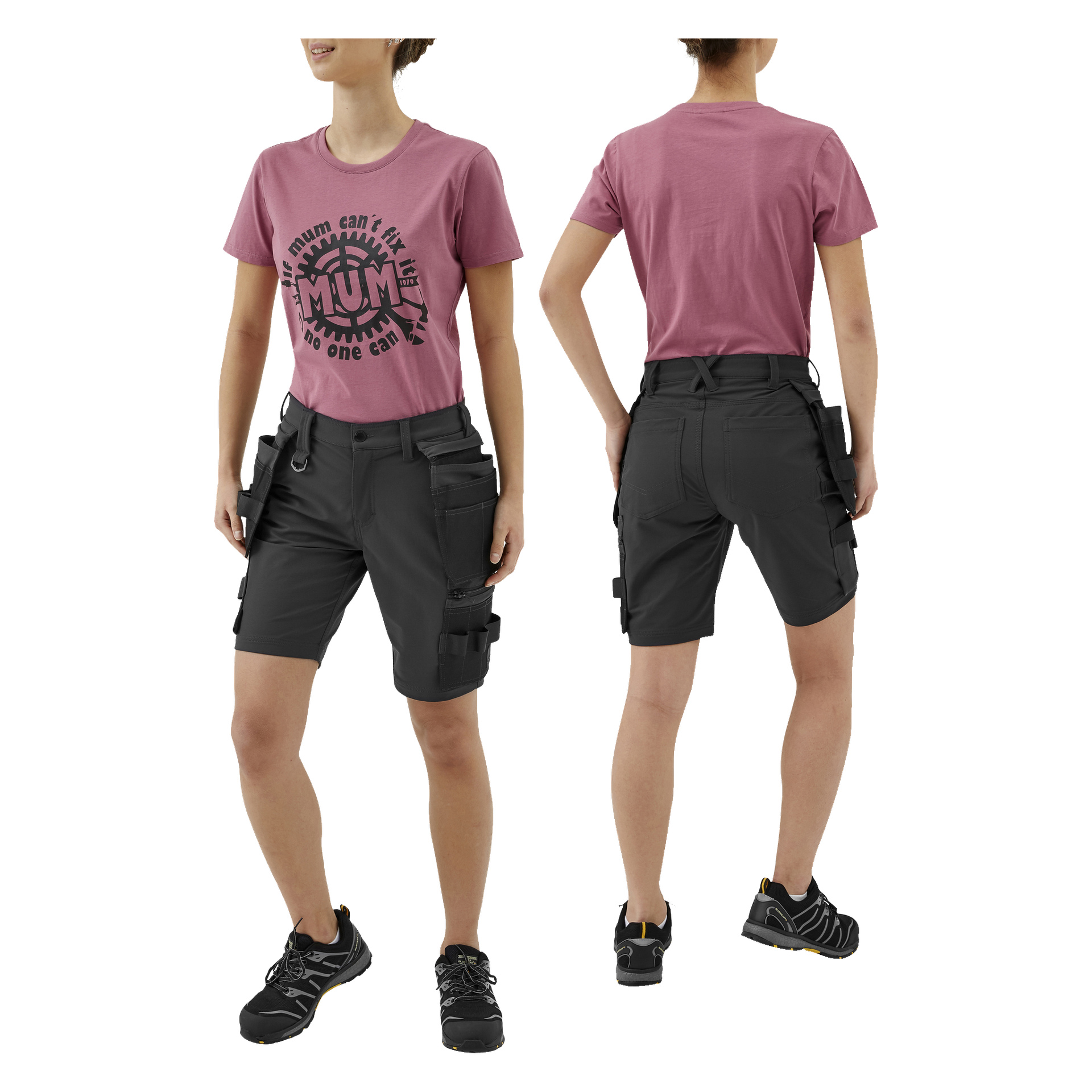 Eine Person wird sowohl von vorne als auch von hinten gezeigt, um ihr Outfit hervorzuheben, das ein pinkes T-Shirt mit Grafik, Bluewear Pro Workwear Stella-Shorts mit mehreren Taschen und Schlaufen sowie schwarze Sneaker umfasst.