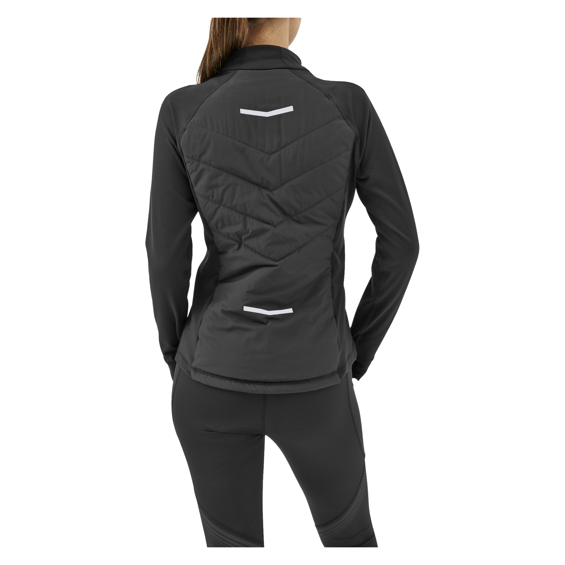 Eine Person ist von hinten zu sehen, die die Kayoba Women's Reversible Running Jacket Innsbruck in Schwarz mit passender Hose trägt. Die Jacke hat einen eng anliegenden Stil, Chevron-Nähte und zwei weiße reflektierende Streifen auf dem Rücken.