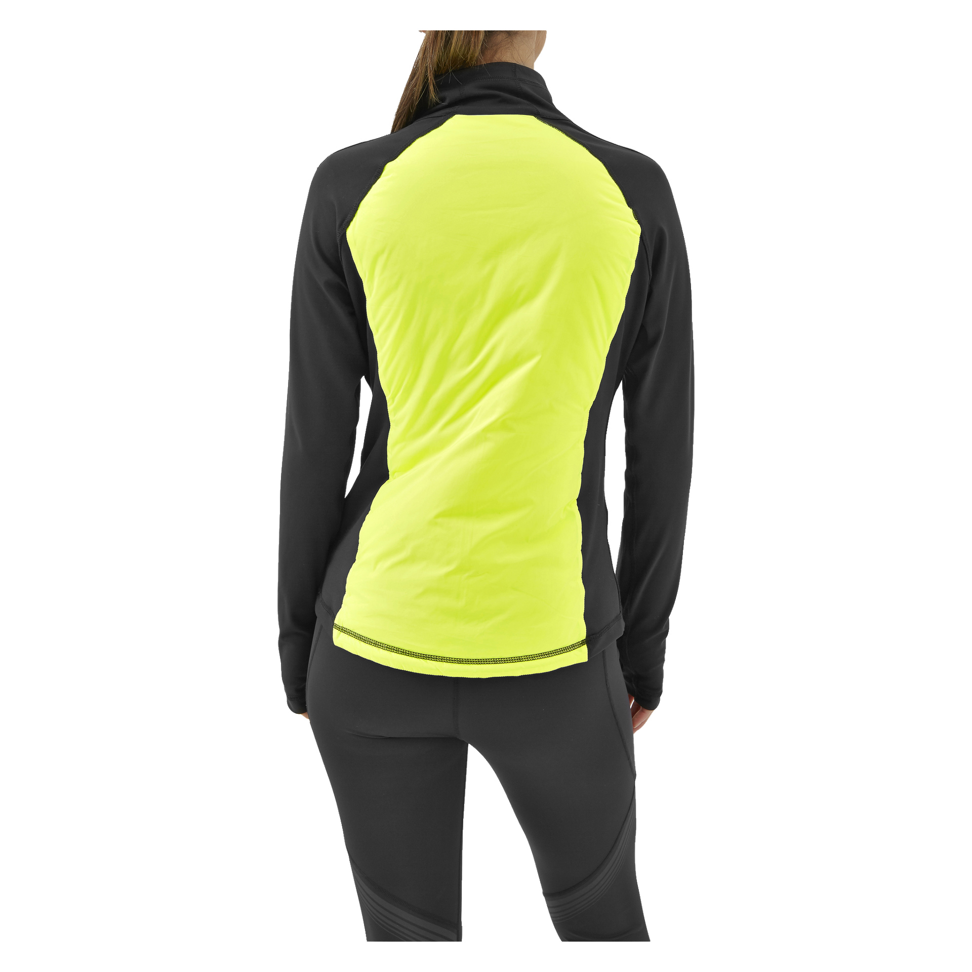 Eine Frau ist von hinten zu sehen, wie sie die Kayoba Women's Reversible Running Jacket Innsbruck trägt, die schwarz mit einem auffälligen gelben Rückenteil ist und mit schwarzen Leggings kombiniert wird.