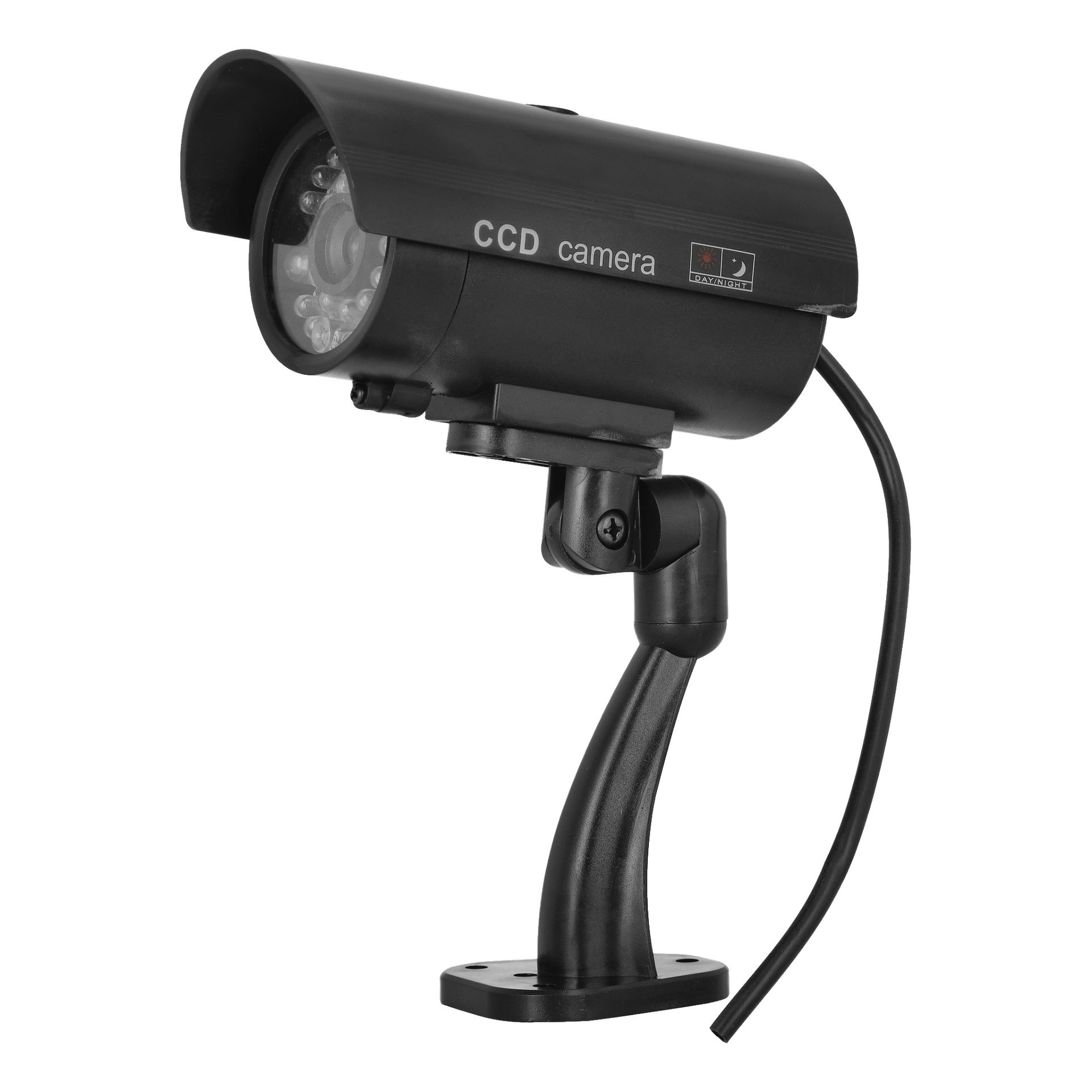 Musta Bright Dummy -kamera, jossa on kiinnike ja kiinnitetty kaapeli, nimeltään "CCD-kamera", on sijoitettu kulmaan.
