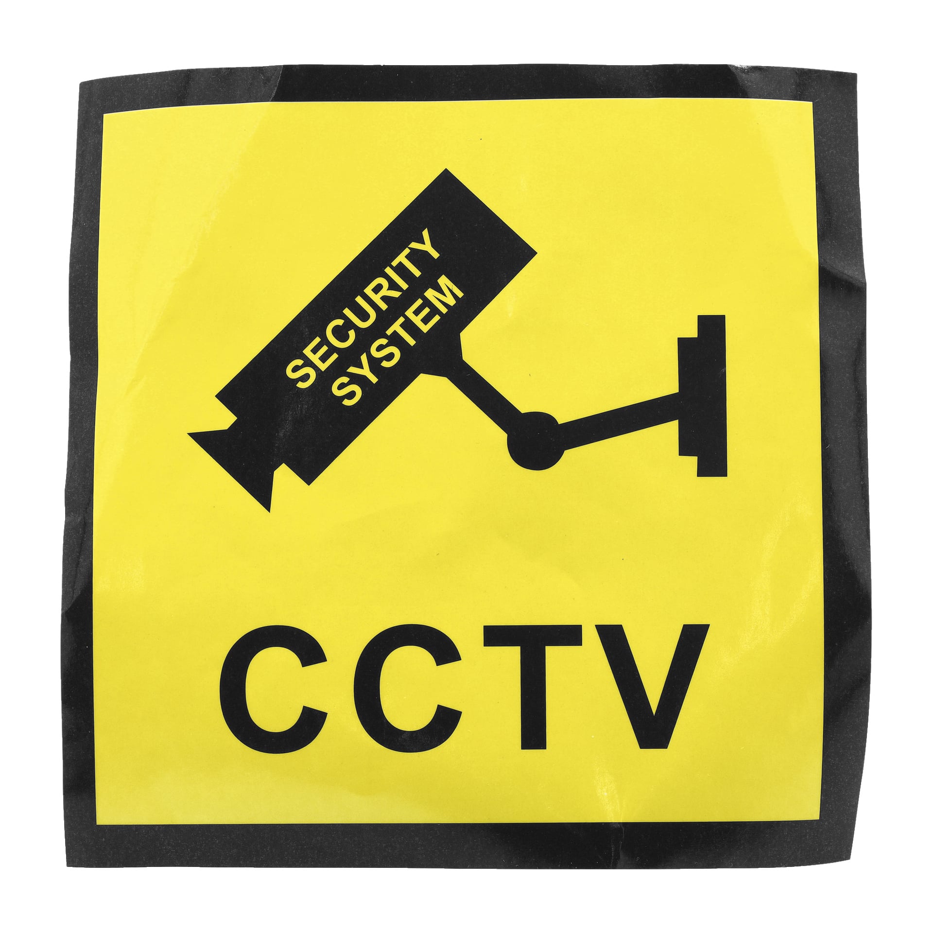 Kirkkaan keltainen Brightin kyltti näyttää laitteessa mustan ääriviivaisen valekameran, jossa lukee "SECURITY SYSTEM", ja sen alla on lihavoituja mustia kirjaimia, joissa lukee "CCTV" videovalvonnan merkiksi.