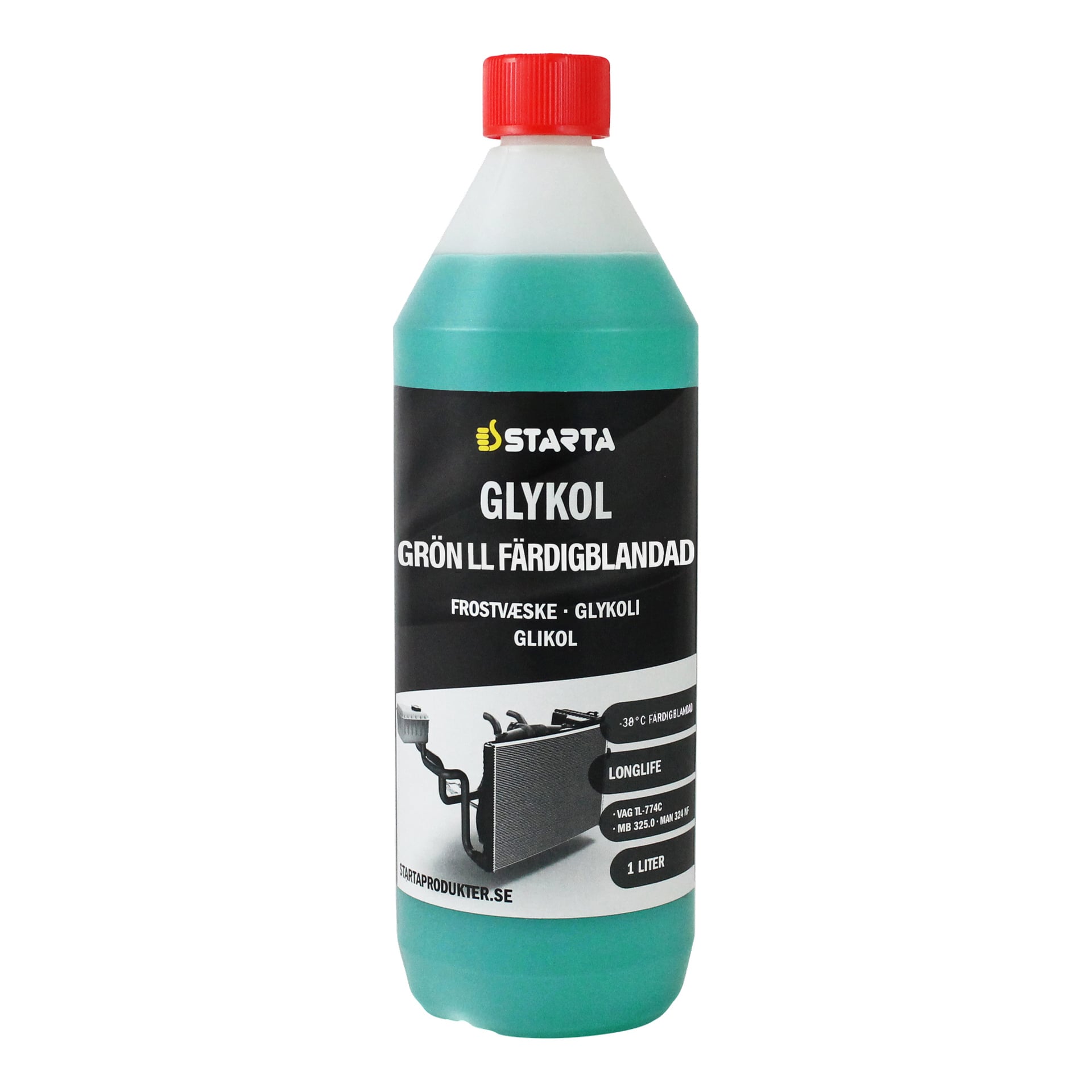 Yhden litran pullo Starta Glycol Ready-mixed Longlife -jäähdytysnestettä, jossa on punainen korkki. Mustassa etiketissä on tuotetiedot, sanat "Grön LL Färdigblandad" sekä kuva auton jäähdyttimestä.