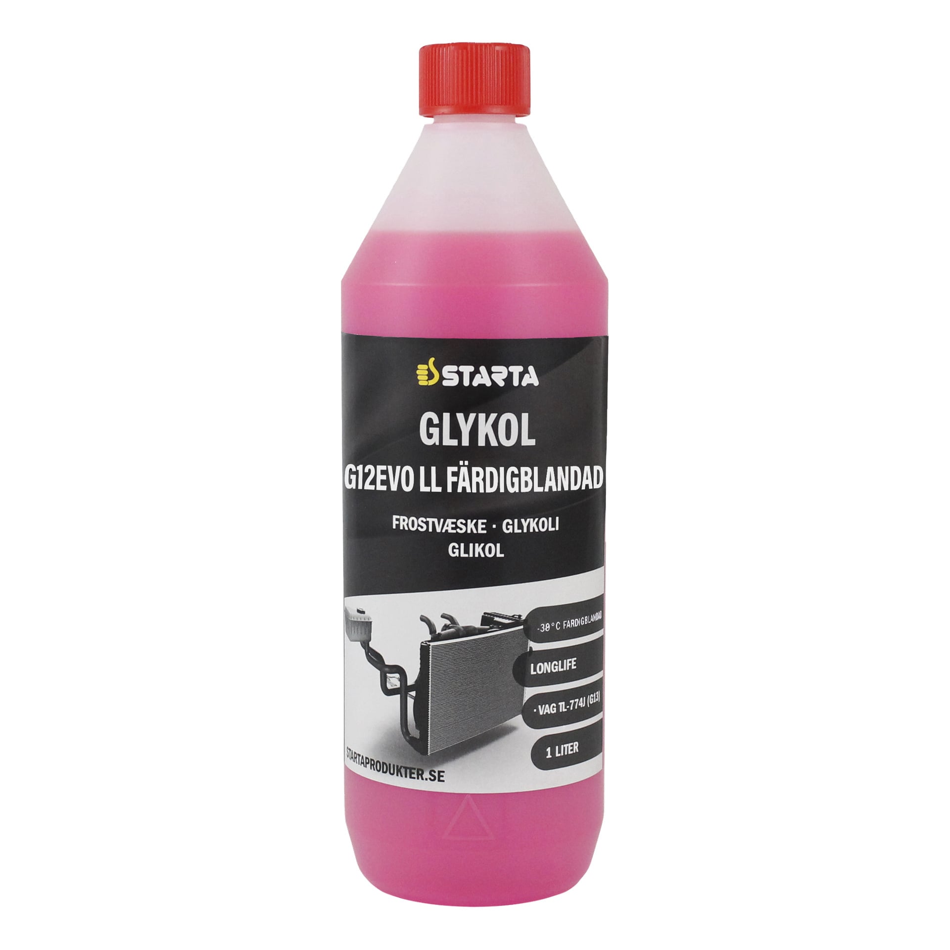 1 litran pullo Starta Glycol Ready-mixed G12Evo Longlifea, jonka tuotetiedot näkyvät etiketissä yhdessä jäähdyttimen kuvituksen kanssa.