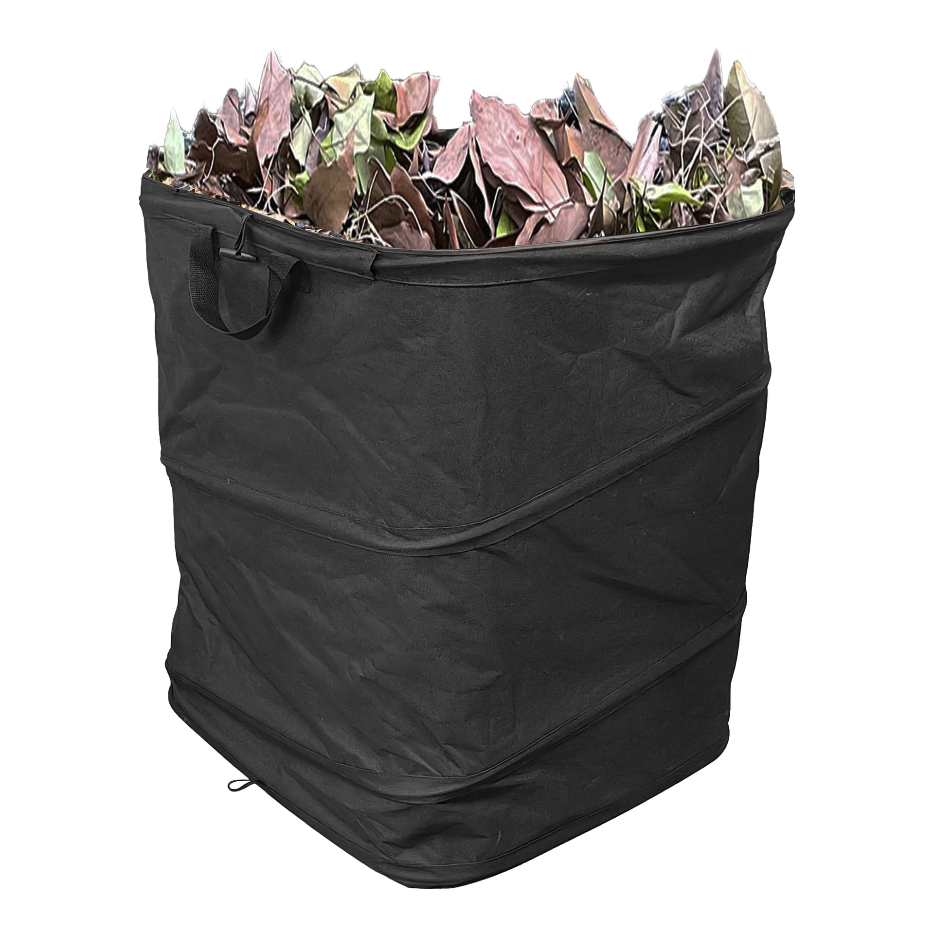 En stor, svart, hopfällbar Hard Head Leaf-väska gjord av tyg har sidohandtag och är fylld med torra blad.