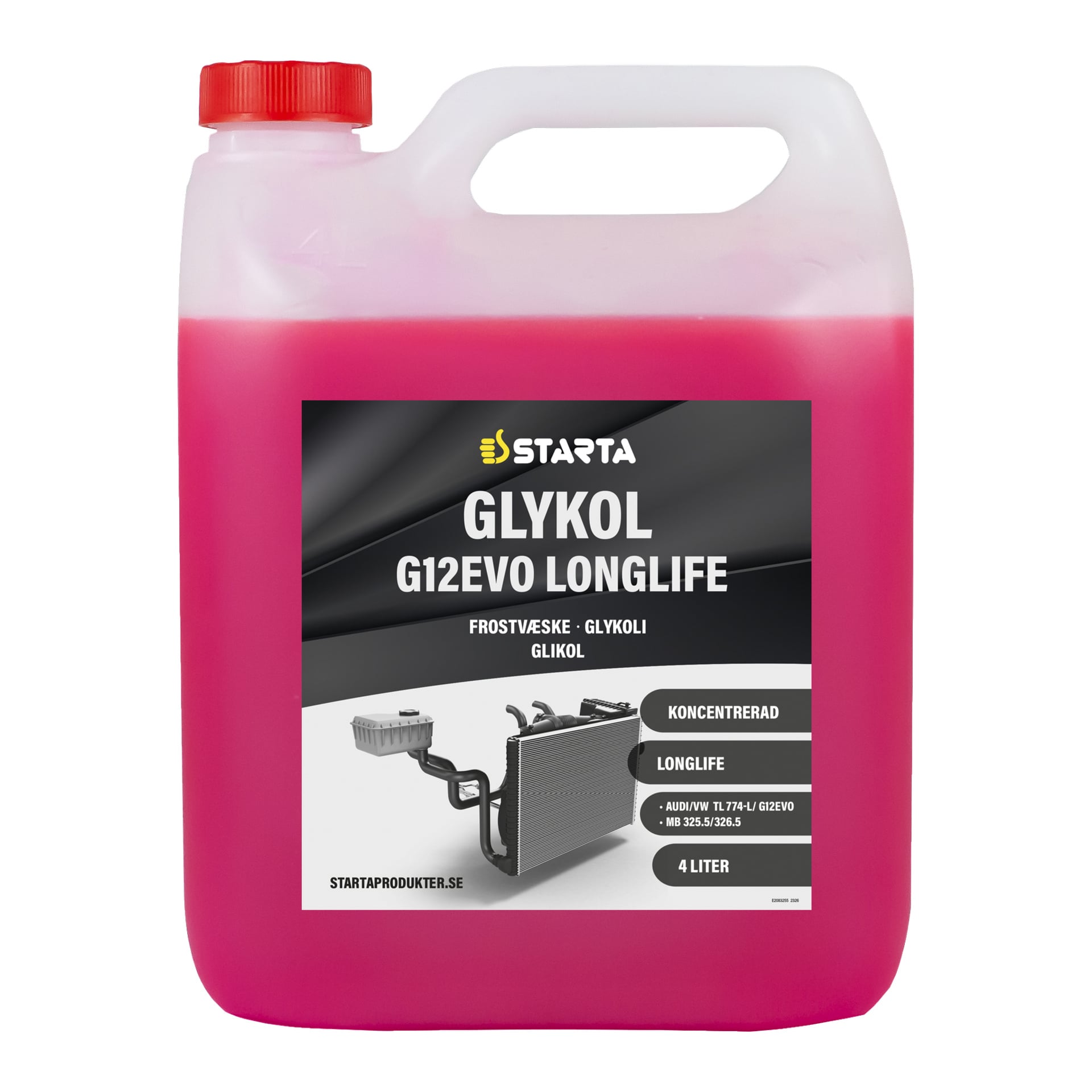 Przezroczysty plastikowy pojemnik mieszczący 4 litry różowego płynu, oznaczony jako Starta Glycol Concentrate G12Evo Longlife. Na etykiecie znajdują się szczegóły produktu oraz zdjęcie chłodnicy samochodowej.