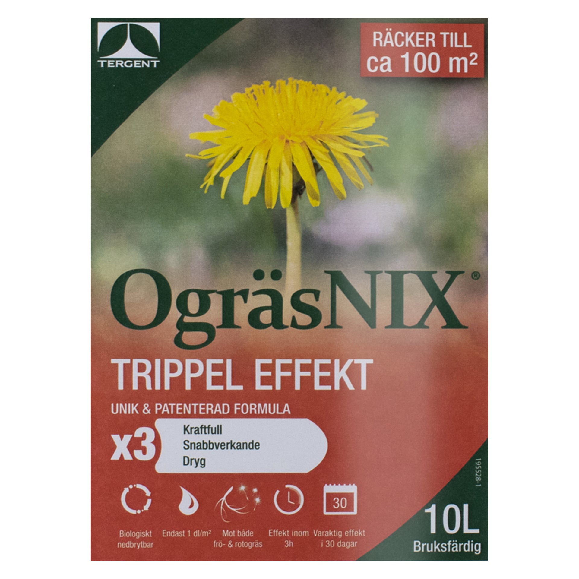 En röd produktetikett för Tergents ogräsvinäger OgräsNIX Trippel Effekt ogräsmedel, med en framträdande maskrosblomma och text som betonar dess trippeleffekt, snabba verkning och täckning på upp till 100 kvadratmeter.