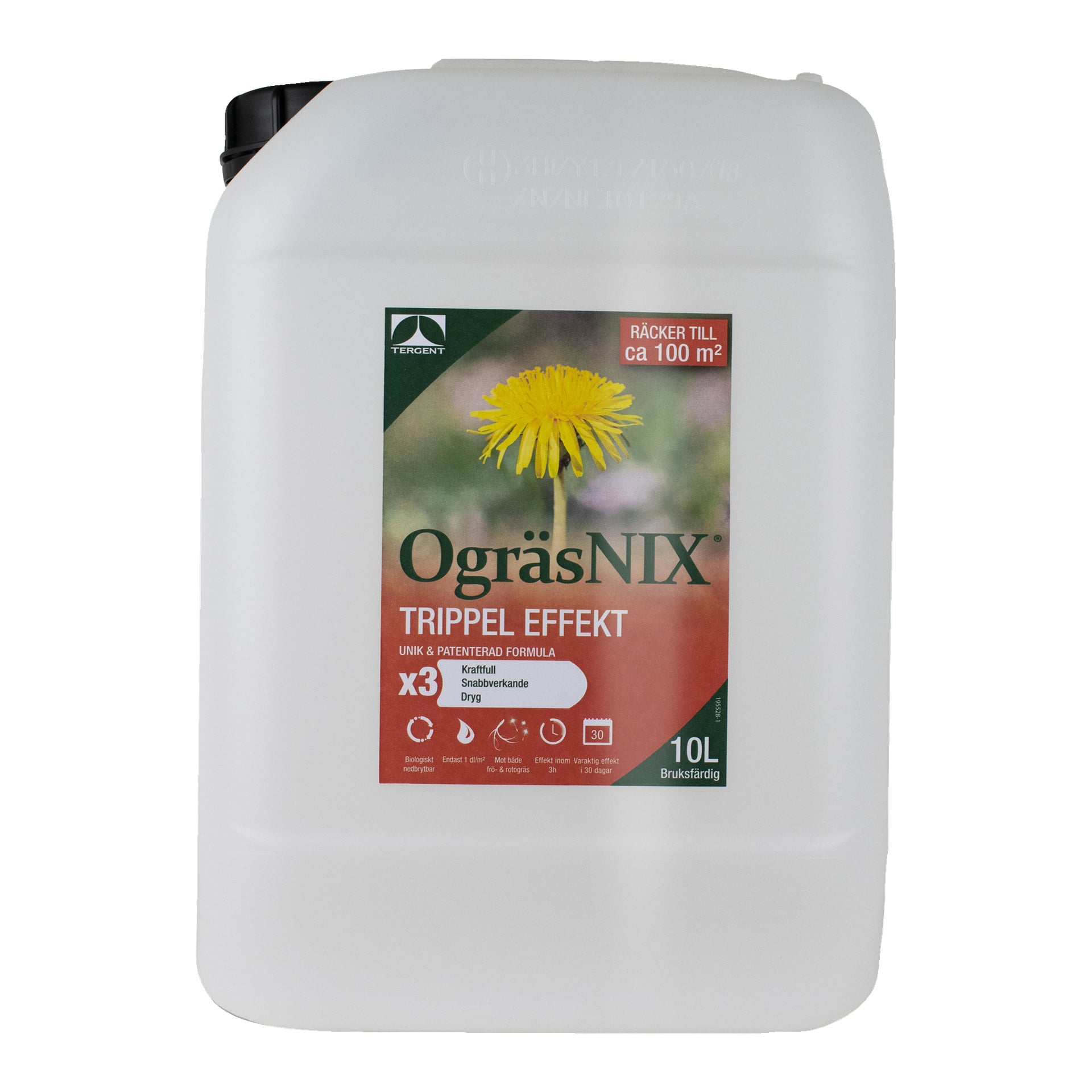 En 10-liters vit plastbehållare märkt "Weed vinegar OgräsNIX Trippel Effekt" från Tergent, med en bild av gul maskros, röd och grön text, detaljerad produktinformation och avsedd för ogräsbekämpning.