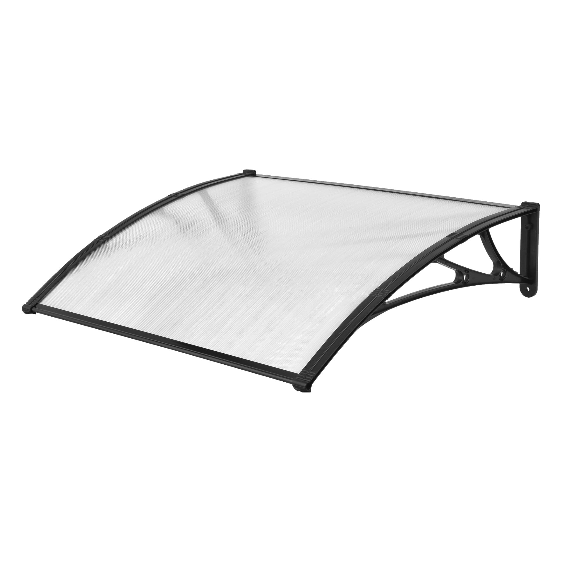 Das Hard Head Door-Canopy hat eine gebogene, durchsichtige Polycarbonatplatte und einen schlanken schwarzen Metallrahmen. Es ist dafür gemacht, über Türen oder Fenstern installiert zu werden und bietet Schutz vor Regen und Sonnenlicht.