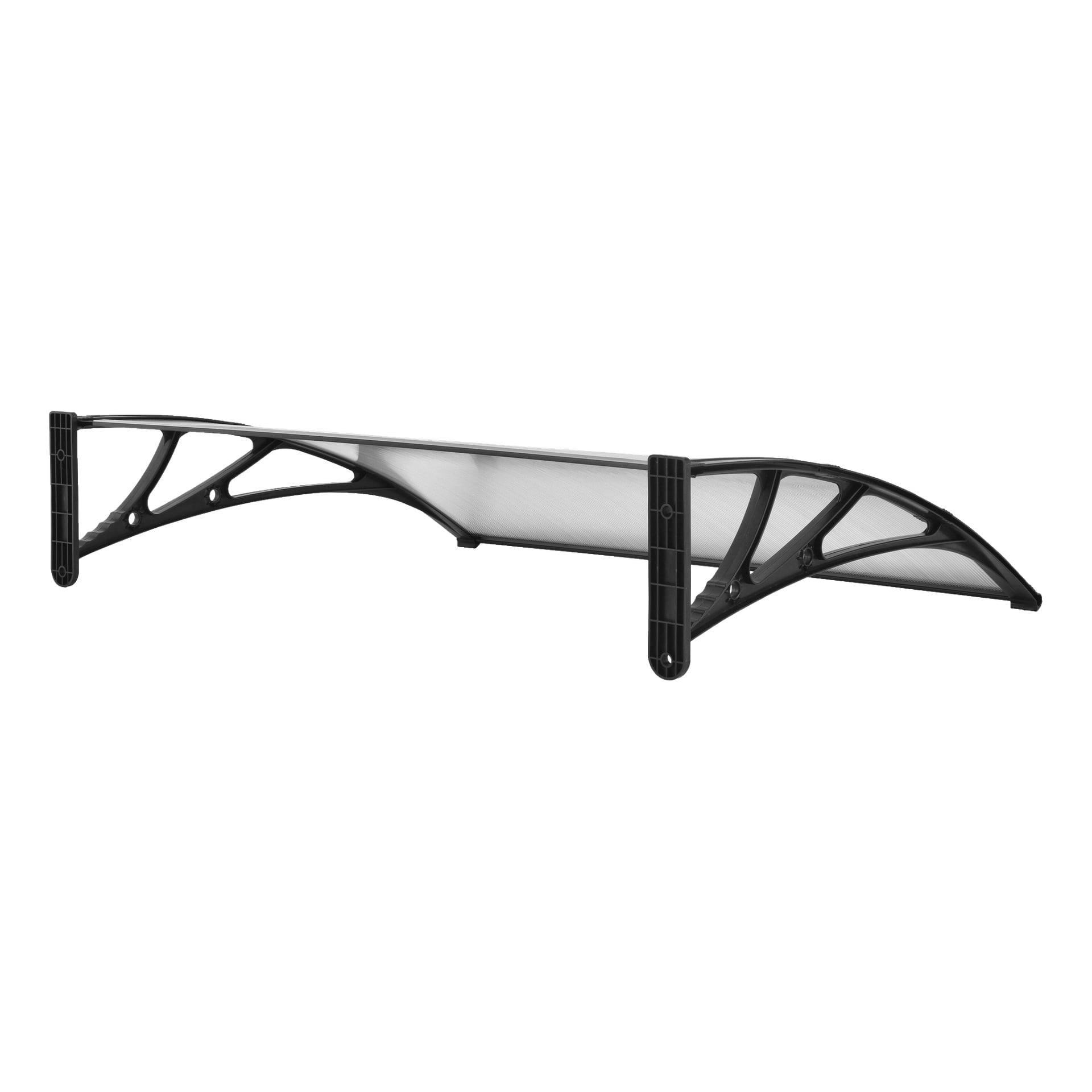 Ein Hard Head Türdach aus schwarzem Metall und Kunststoff, mit einer transparenten Mittelplatte und gebogenen Seitenstützen, geeignet für die Installation über Türen oder Fenstern.