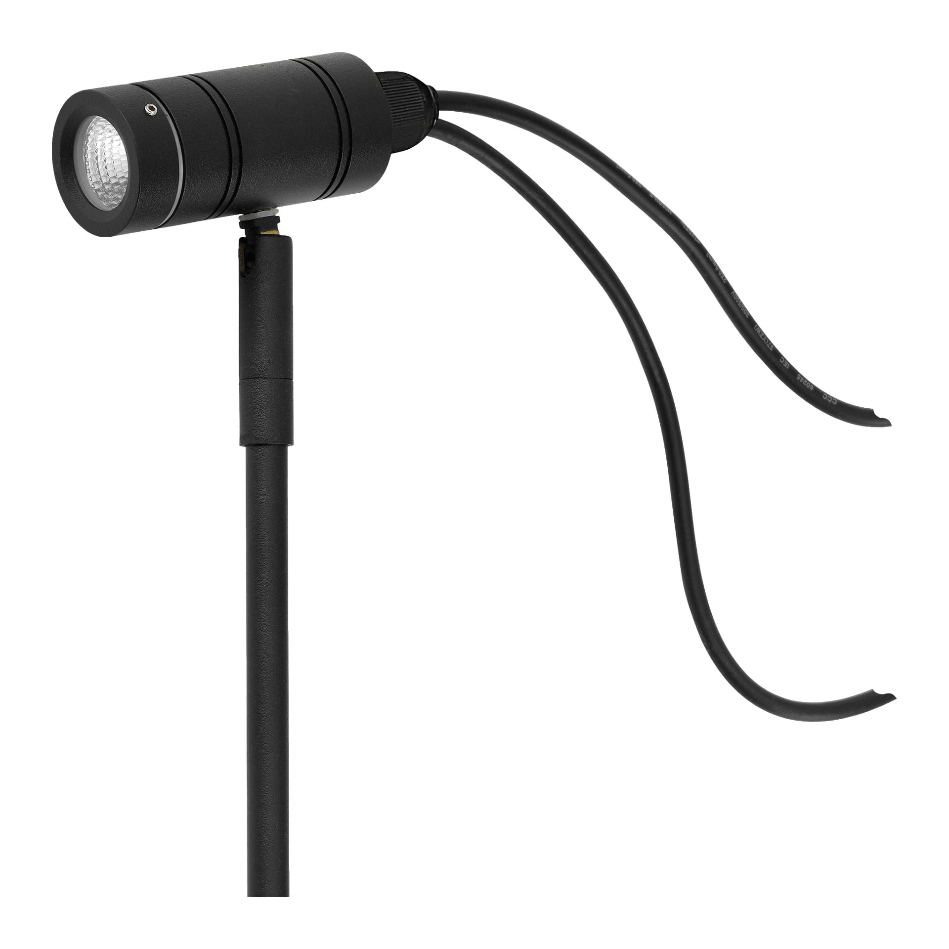 Musta sylinterimäinen Anslut LED -maavalo Connectable Systemistä, jonka takaa ulottuvat kaksi näkyvää johtoa, on kiinnitetty pystysuoraan tolppaan.