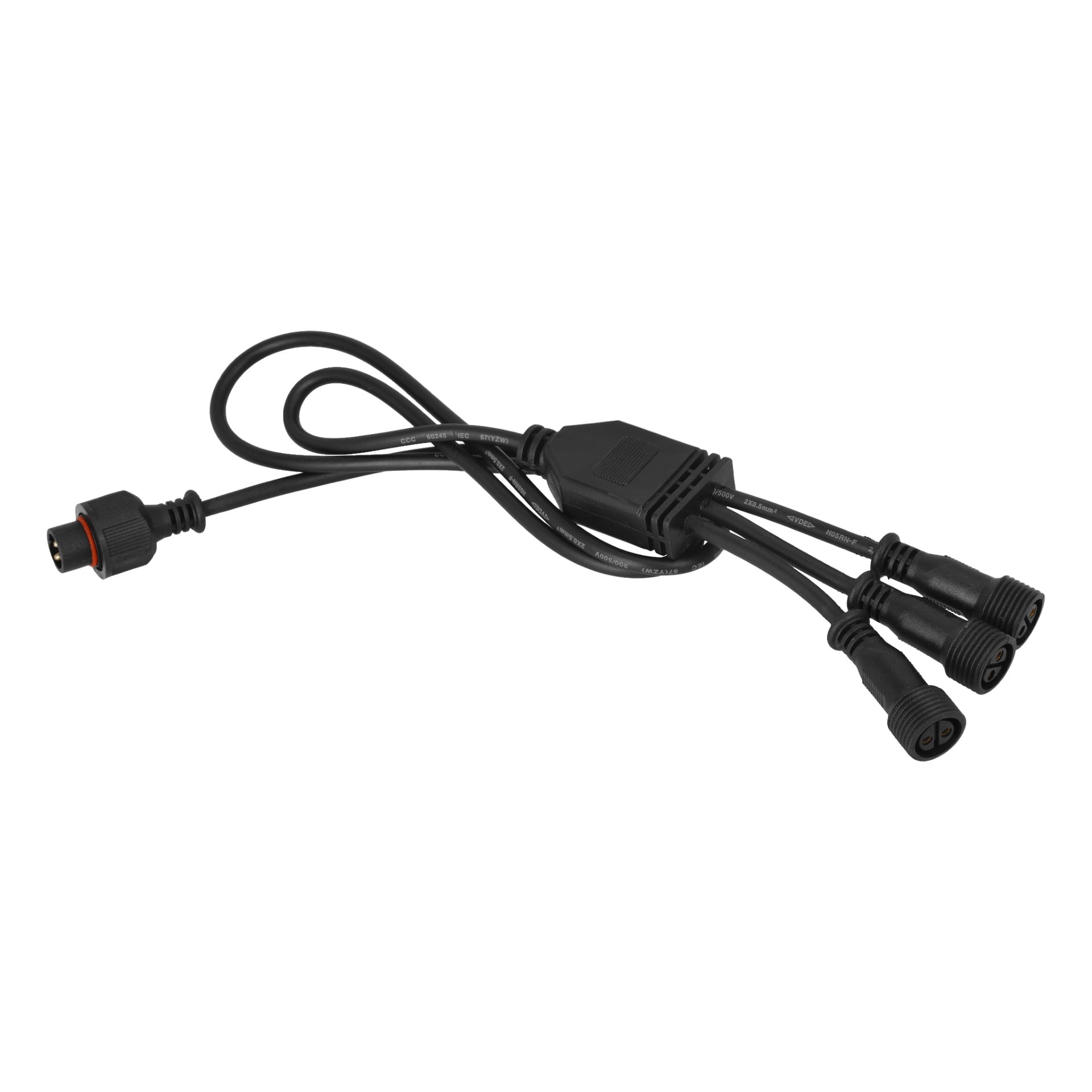 Musta Anslut Extension Cord Connectable System -jakajakaapeli, jossa on yksi tuloliitin ja kolme pyöreää lähtöliitintä virran tai signaalin jakamiseen useille laitteille. Kaapeli on esitetty löyhästi kierrettynä helpon käytön vuoksi.