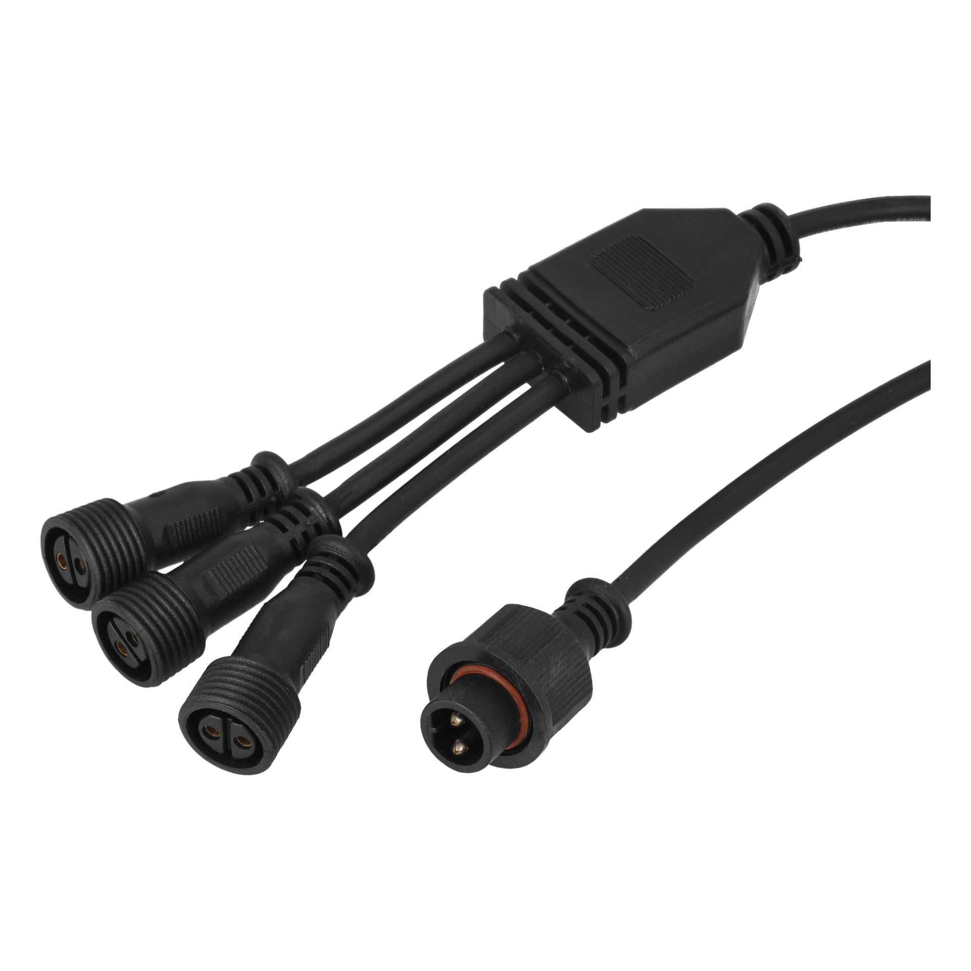 Anslut Extension Cord Connectable System -järjestelmän yksityiskohtainen näkymä näyttää mustan nelisuuntaisen jakajakaapelin, jossa on yksi liitin toisella puolella ja neljä lähtöliitintä vastakkaisessa päässä.