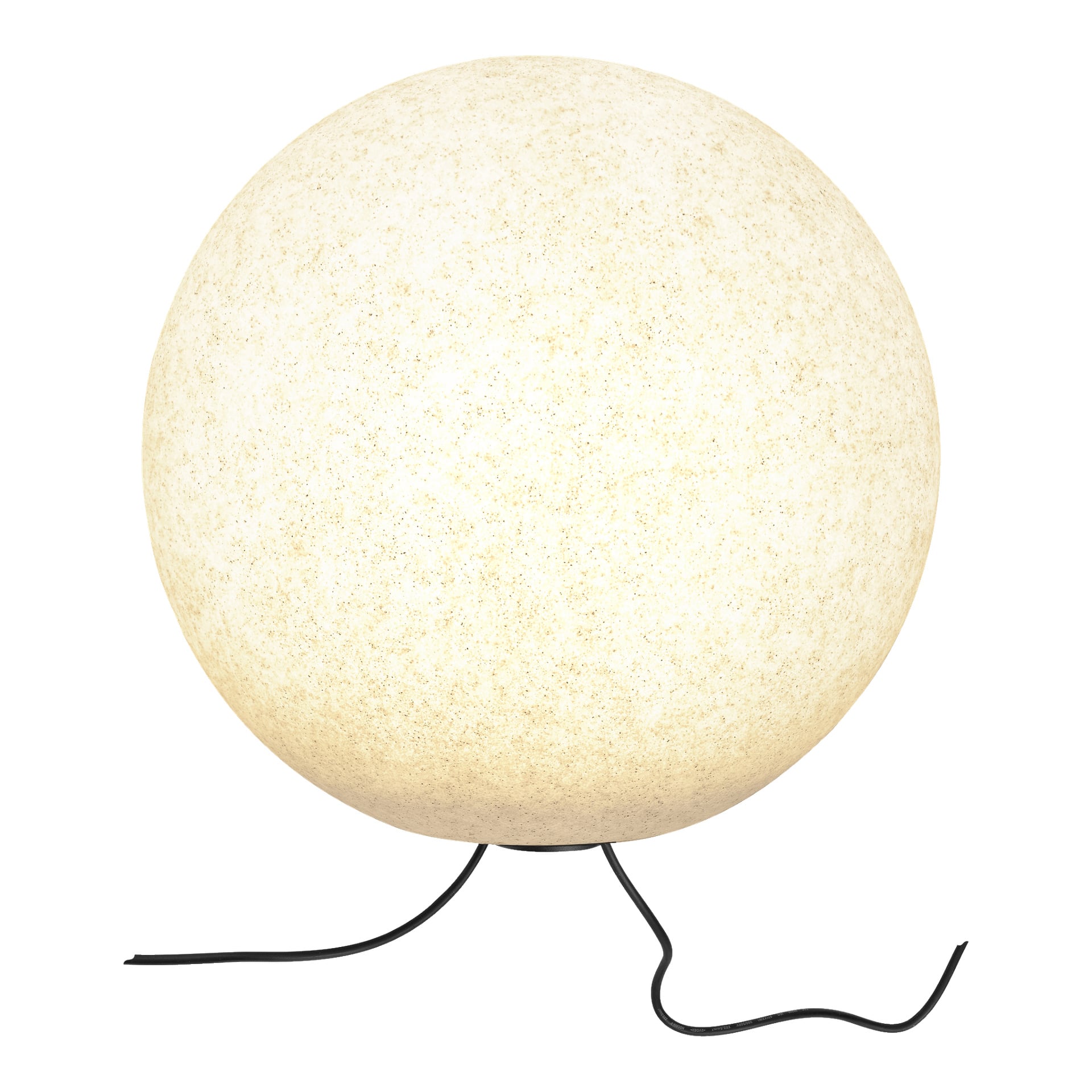 Ansluts LED Floating Spheres Connectable System viser frem en sfærisk, glødende hvit lampe med en subtilt teksturert finish som hviler på en overflate. Den svarte strømkabelen strekker seg fra lampens base inn i forgrunnen.