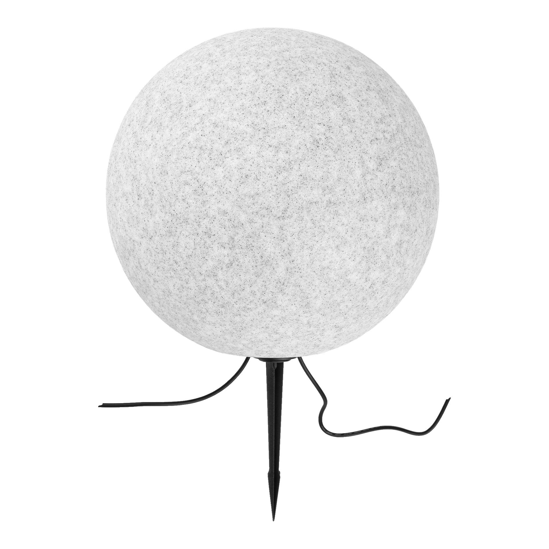 Denne Anslut LED Floating Sphere viser frem en rund utendørslampe med flekkete hvit finish, støttet av en svart påle med tre ben. En svart strømkabel går ut fra bunnen av armaturet.