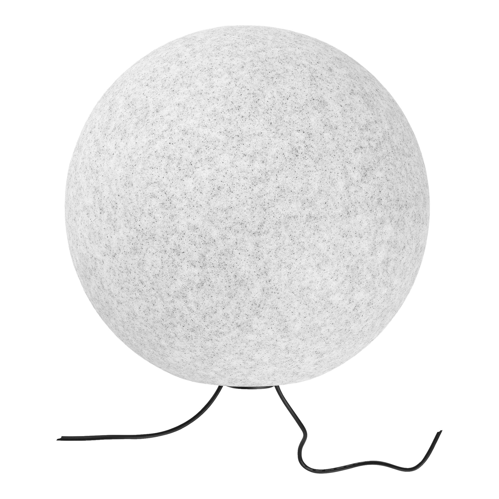 En gråhvit, flekkete sfærisk LED-lampe fra Ansluts Connectable System står på en flat overflate. En svart snor stikker ut fra basen, delvis sammenrullet og strekker seg mot høyre.