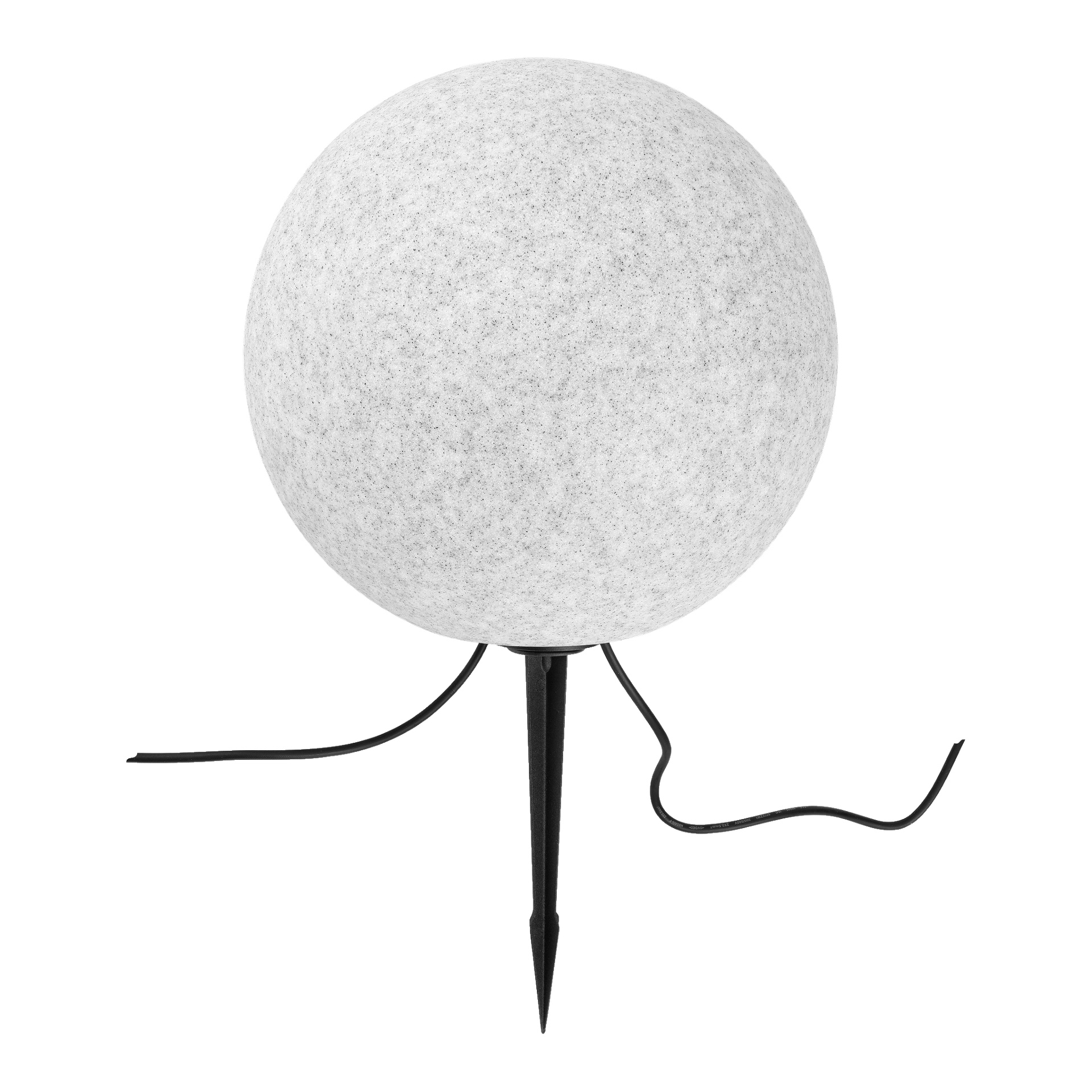 Anslutin LED-kelluva pallo Connectable Systemistä on pyöreä, teksturoitu valkoinen kuvio, kiinnitetty mustaan tangon päälle ja virtajohto kulkee pohjasta.