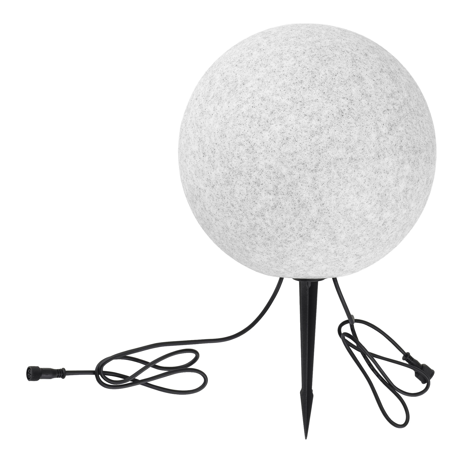 Anslut Connectable LED-kelluva pallo esittää teksturoidun, valkoisen pallon, joka on asetettu mustalle piikille maahan kiinnittymistä varten. Siihen on kiinnitetty musta virtajohto liittimellä.