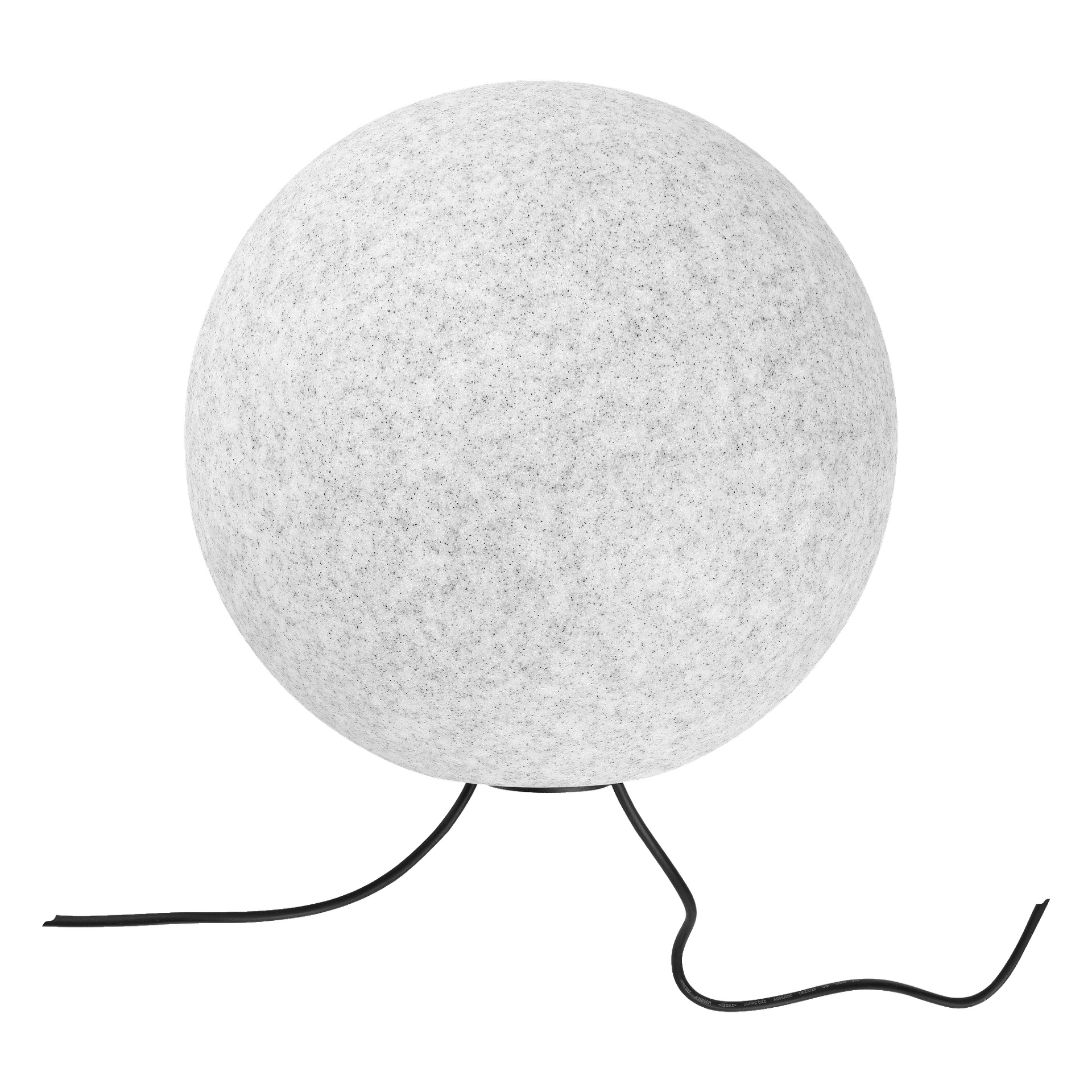 Anslutin LED-valaistu kelluva pallo Connectable System, pilkullinen valkoinen pyöreä pöytälamppu, jonka pohjasta tulee musta virtajohto.