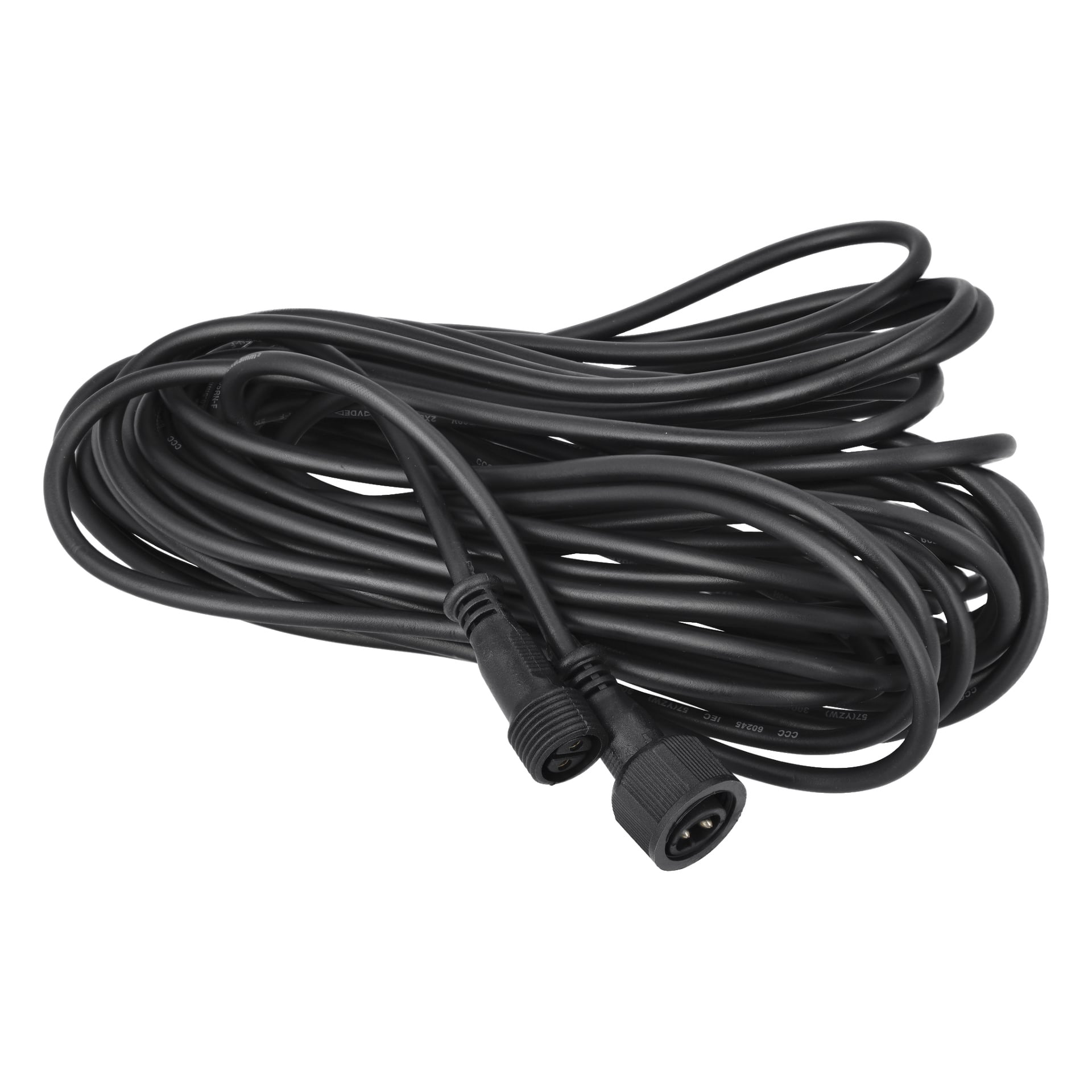 Anslut Extension Cord Connectable System har en lang svart, fleksibel isolert kabel, viklet med både en hann- og en hunnlig sylinderformet kontakt plassert foran.