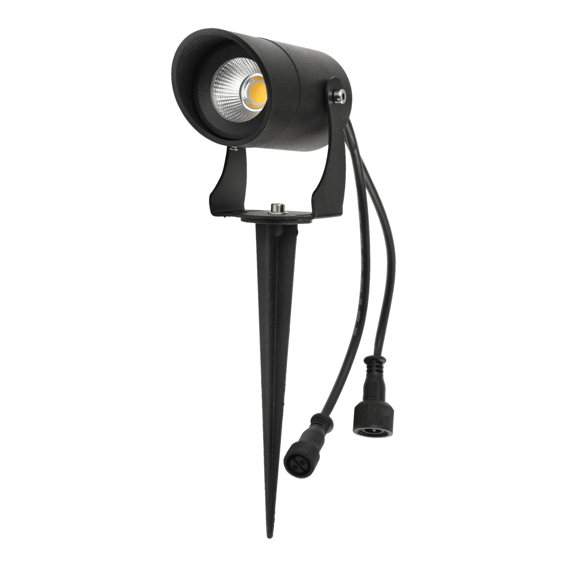 Musta LED-ulkovalo Anslut Spotlight Connectable Systemistä, jossa on sylinterimäinen runko, säädettävä kiinnitysteline, maadoituspike ja liitetyt virtakaapelit. LED-lamppu näkyy valaisimen sisällä.
