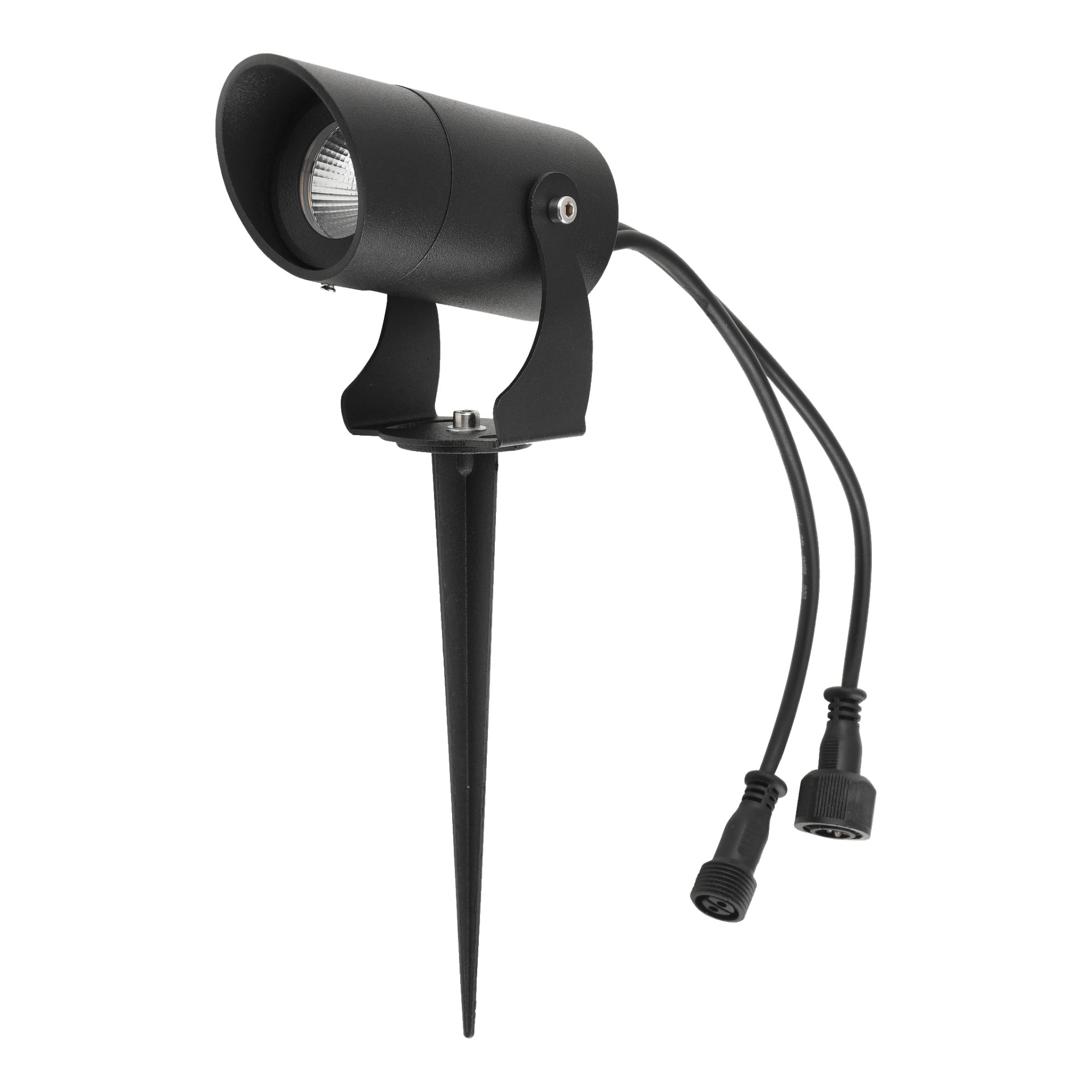 Musta ulkoinen LED-kohdevalo Anslut Spotlight Connectable System -järjestelmästä, suunniteltu terävällä tiikkipohjalla helpon maahan sijoittamisen takaamiseksi, säädettävällä kiinnitystelineellä sekä kahdella liittimellä varustetulla sähkökaapelilla.