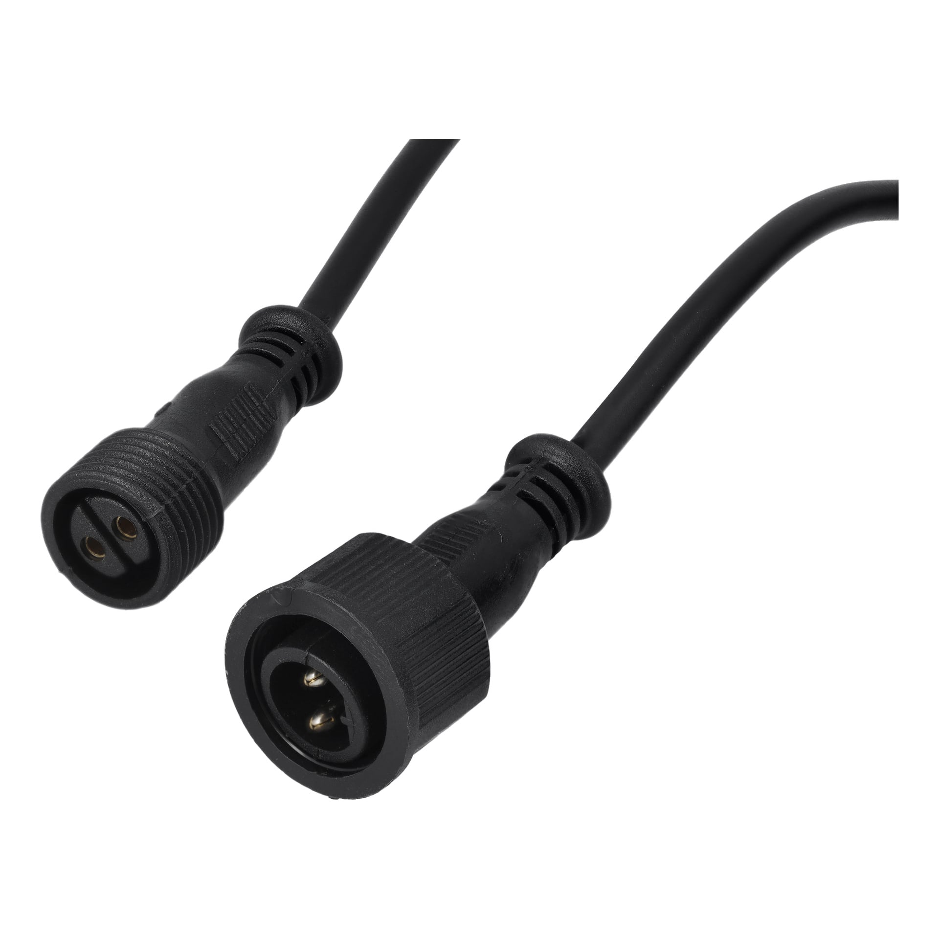 Nærbilde av to Anslut Extension Cord Connectable System-kontakter, en hann- og en hunn, hver med svarte gjengede plasthus og festet til svarte kabler. Kontaktene er plassert side om side.