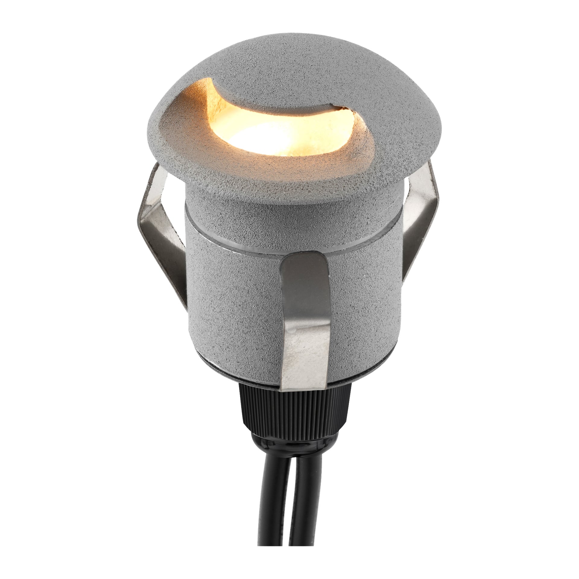 Eine graue zylindrische LED-Außenbeleuchtung aus dem Anslut Steplights Connectable System 4 Pack hat eine gewölbte Oberseite, Metallhalterungen an den Seiten und strahlt ein sanftes Leuchten unter der teilweisen Motorhaube aus. Sie ist an einem schwarzen Kabel montiert.