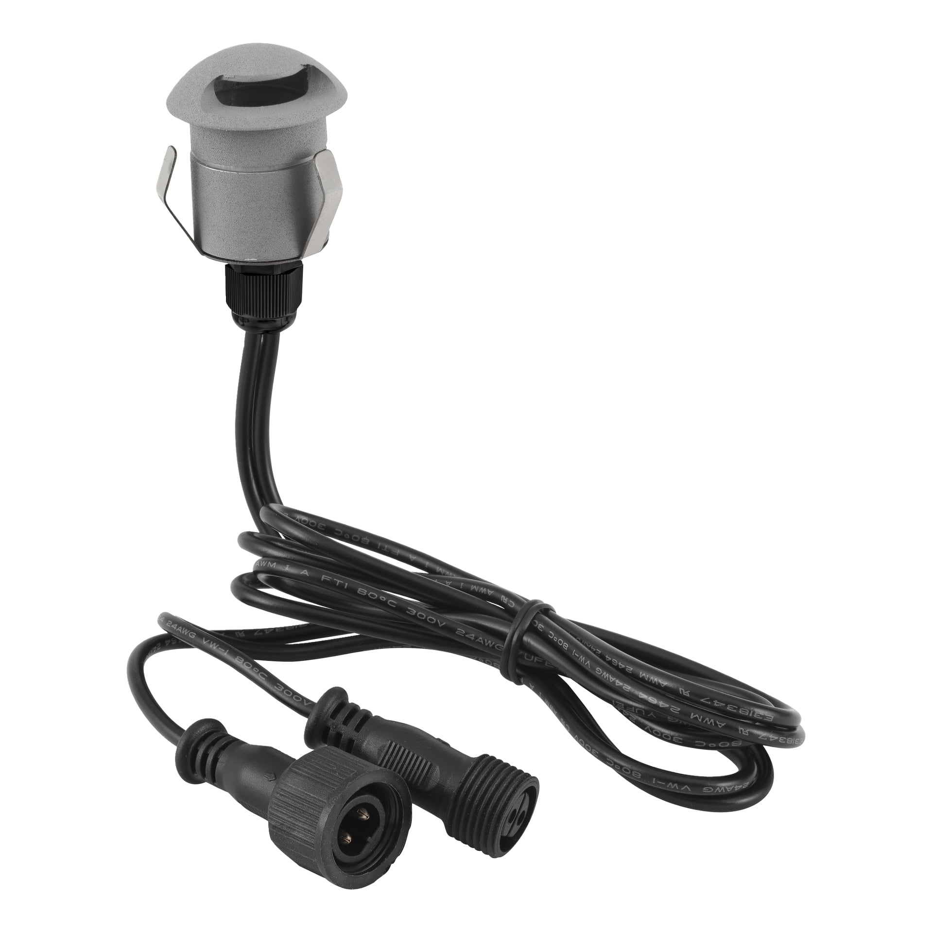 Das Bild zeigt ein schwarzes, gewickeltes Stromkabel aus dem Anslut Steplights Connectable System 4 Pack. Das Kabel hat zwei Steckverbinder mit Schraubkappen und eine Metallbefestigungsleuchte, die an einem Ende befestigt ist.