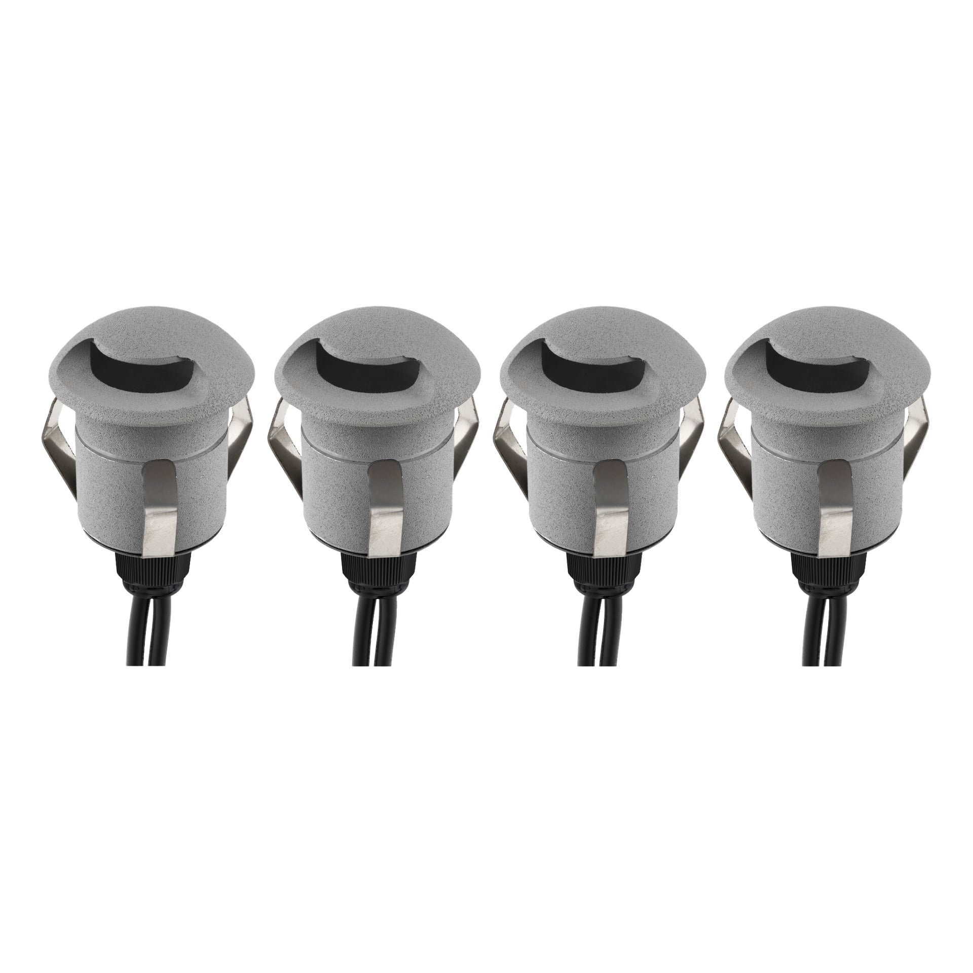 Vier identische Steplights Connectable System LED-Lichter von Anslut sind in einer Reihe angeordnet. Jedes ist rund, silbern und hat schwarze Kabel mit einer schrägen, teilweise abgedeckten Öffnung oben. Erhältlich als Vierer-Set.