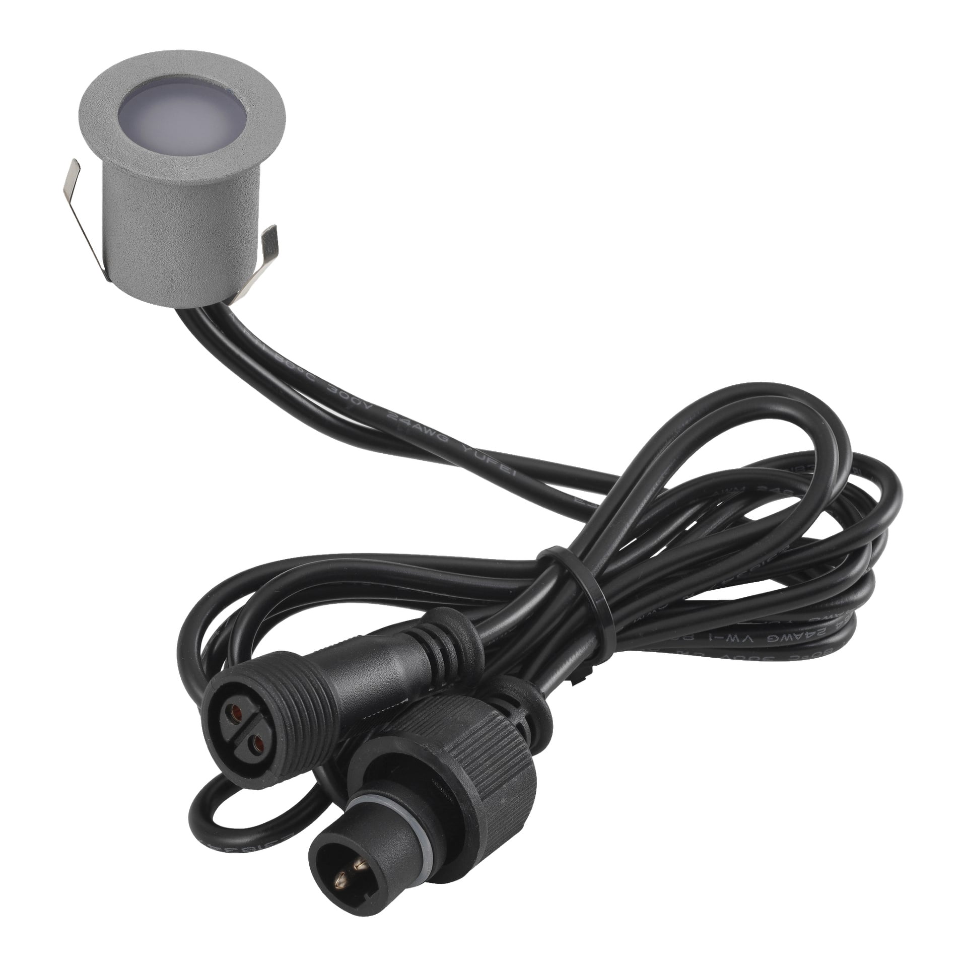 Et sett med fire runde, grå LED-dekklys med frostede deksler, hver koblet til en lang krullet svart kabel som ender i hann- og hunnkontakter for enkel plug-and-play-oppsett.