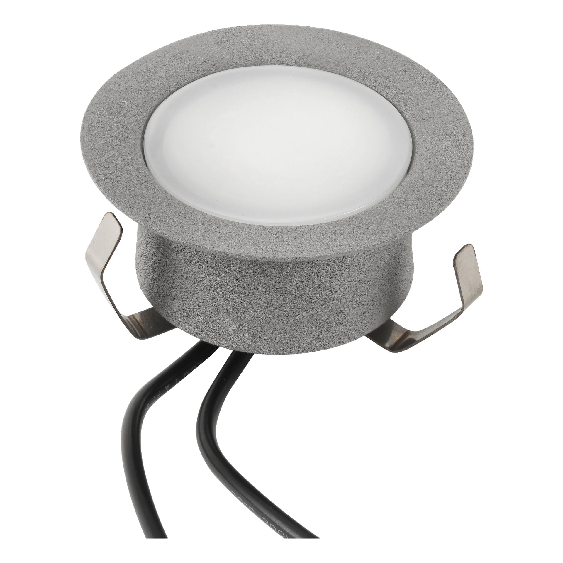 Eine runde, silberne versenkte LED-Lampe aus dem Anslut Decklights Connectable System 4 Pack, ausgestattet mit zwei Metallmontageklammern und zwei schwarzen elektrischen Drähten, die von hinten herausragen.