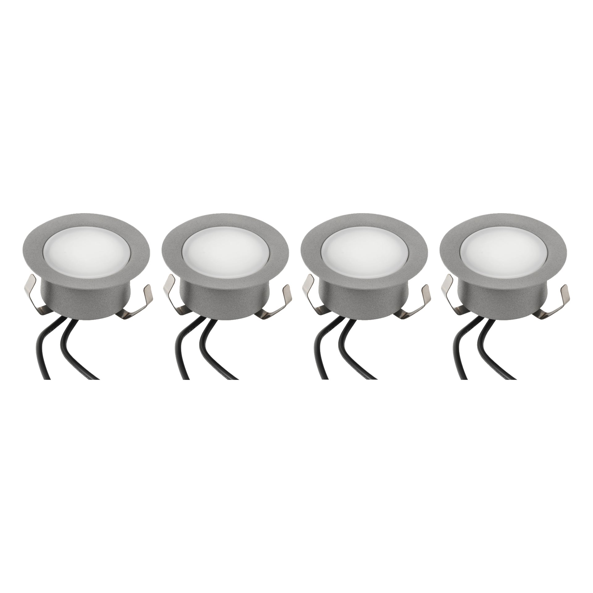 Eine Reihe von vier grauen Anslut Decklights Connectable System LED-Deckenleuchten mit mattierten Gläsern. Jeder wird mit zwei seitlichen Metallbefestigungsklammern und schwarzen Drähten geliefert, die vom Sockel ausgehen.